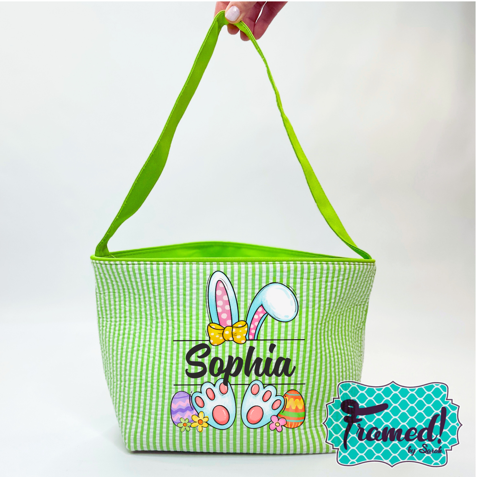 Green Little Bunny Seersucker Easter Tote Basket