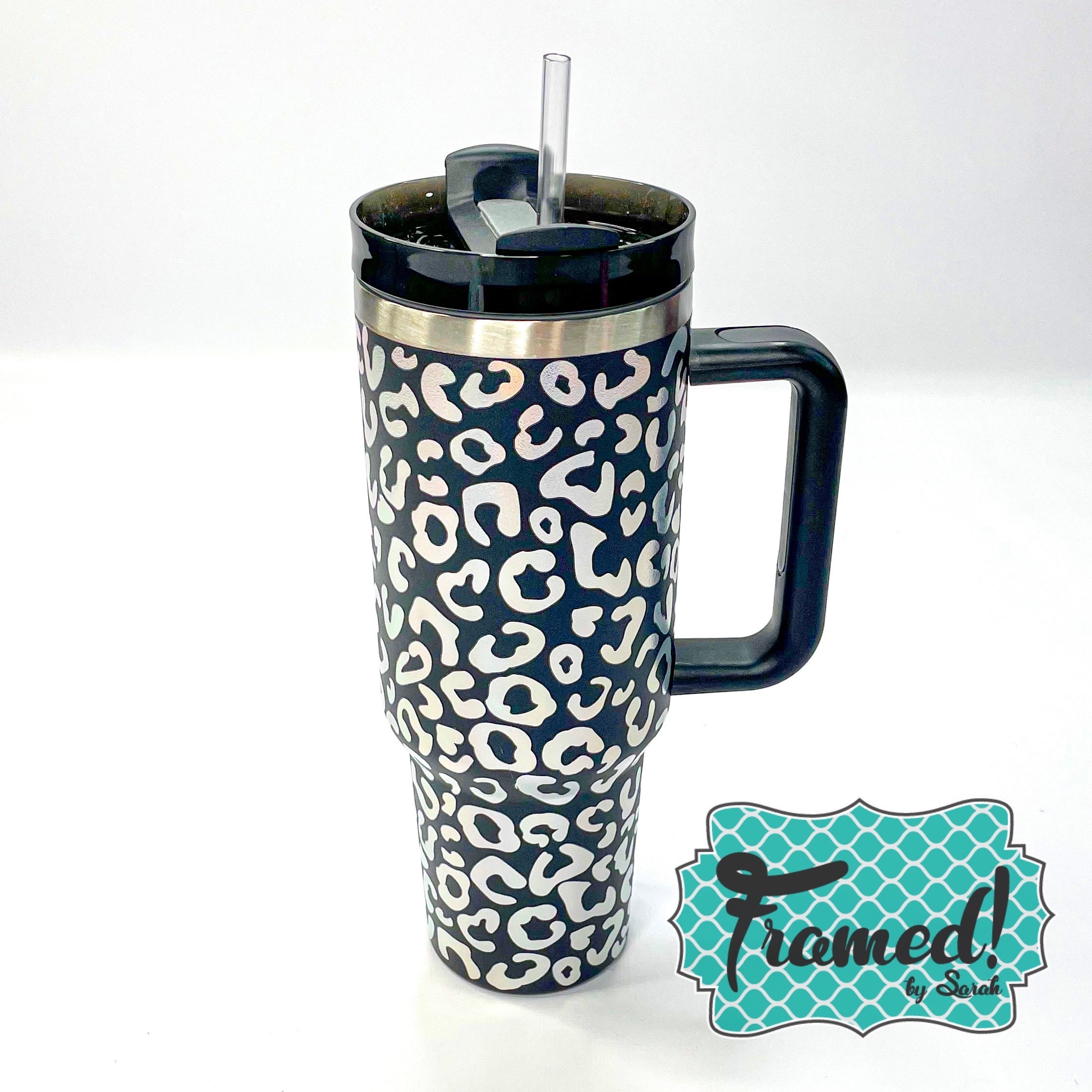 Black Holographic Leopard 40 oz Matte Tumbler with Handle