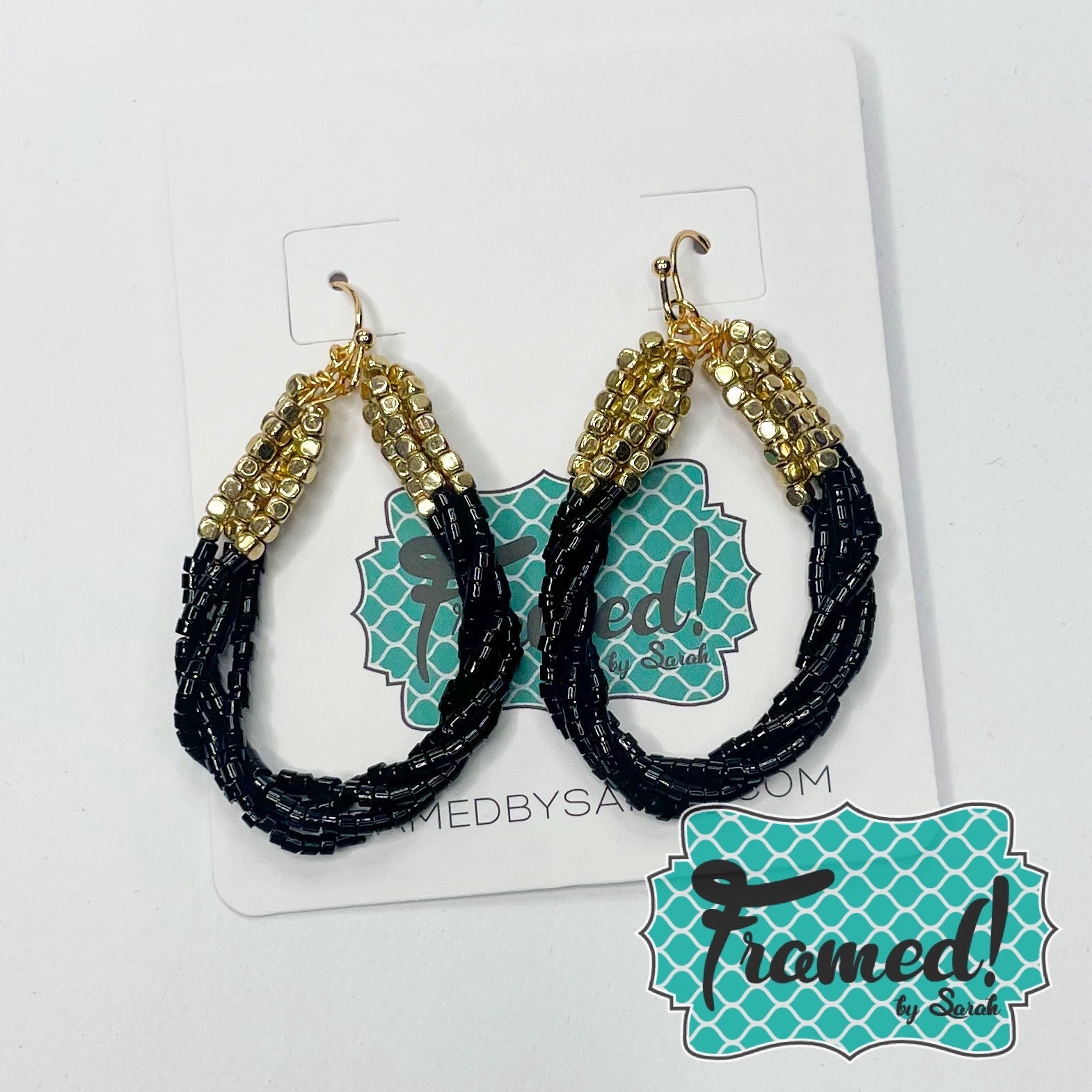 Black & Gold Seed Bead Teardrop Earrings