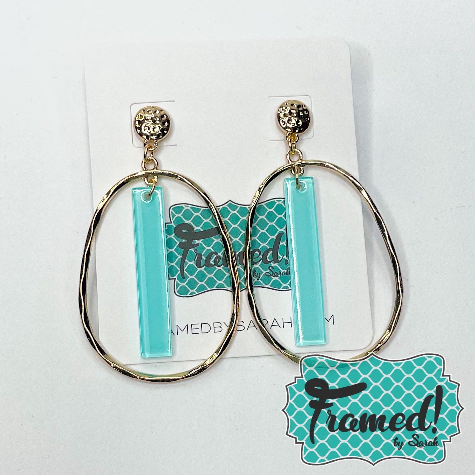 Gold Oval & Blue Acrylic Bar Earrings