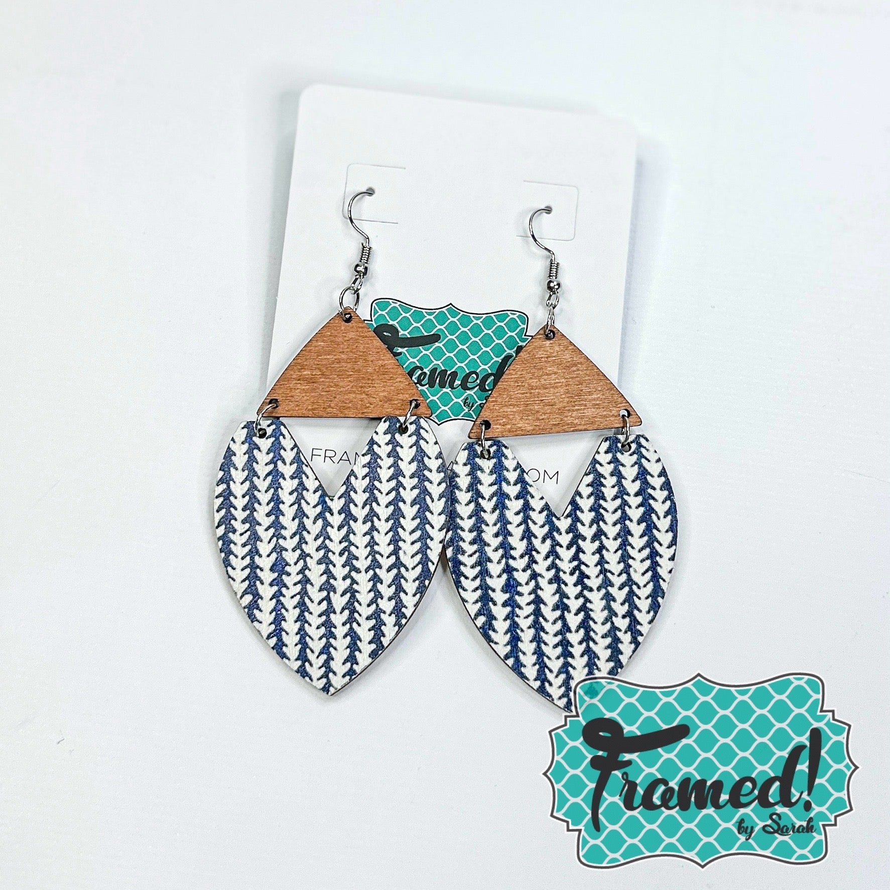 Navy Herringbone Wooden Earrings