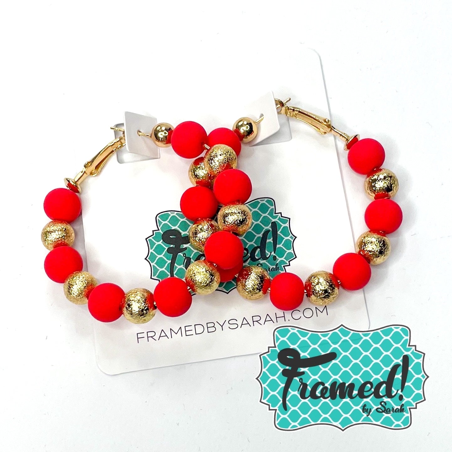 Red & Gold Textured Bead Hoop Earrings
