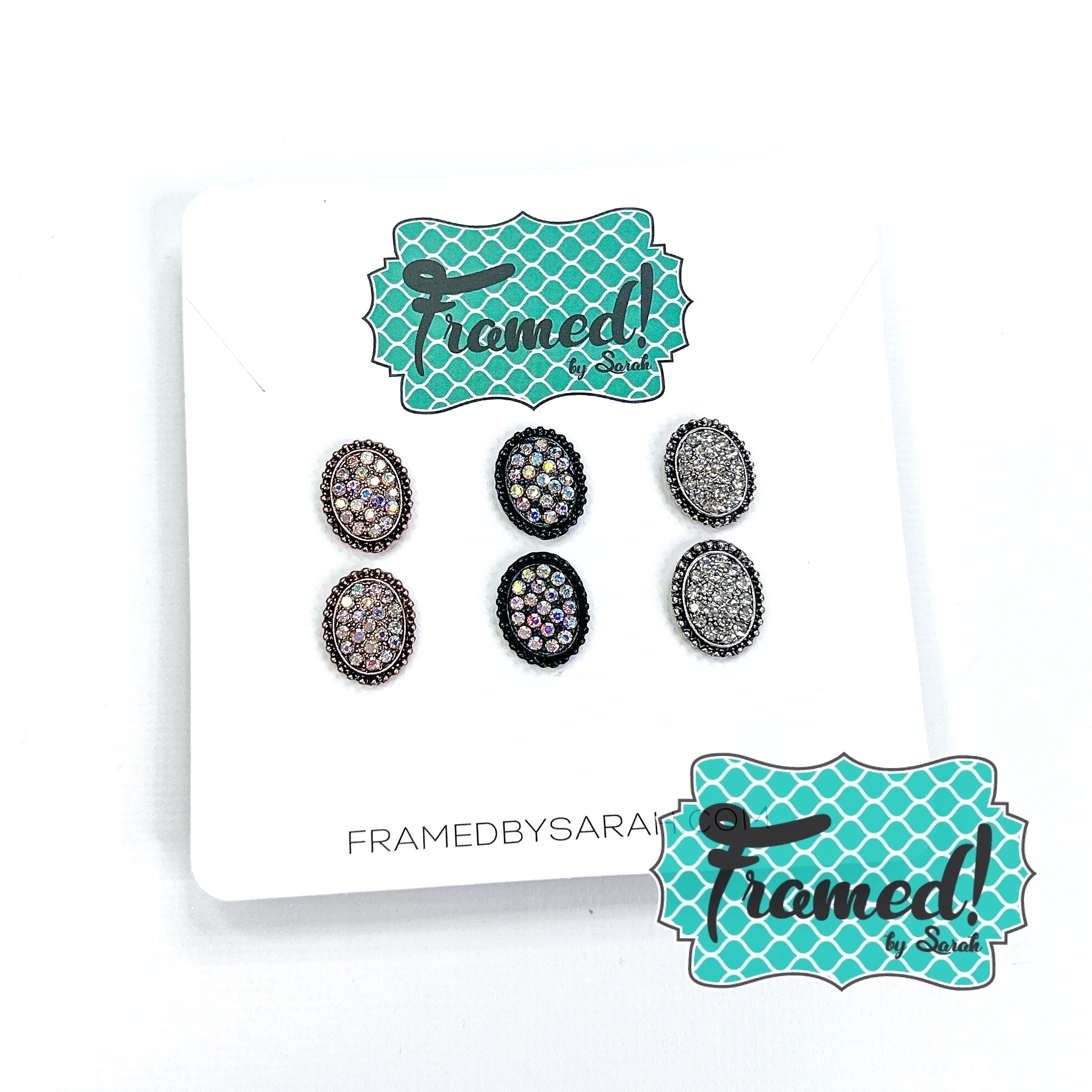 Set of 3 Rhinestone Stud Earrings - Rose Gold, Black & Silver