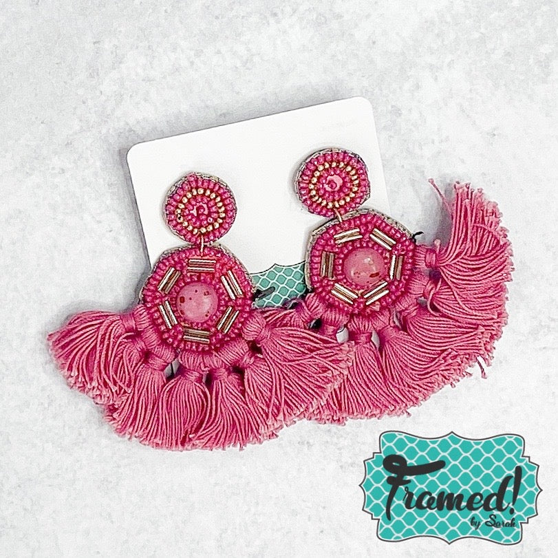 Mauve Hexagon Fringe Earrings