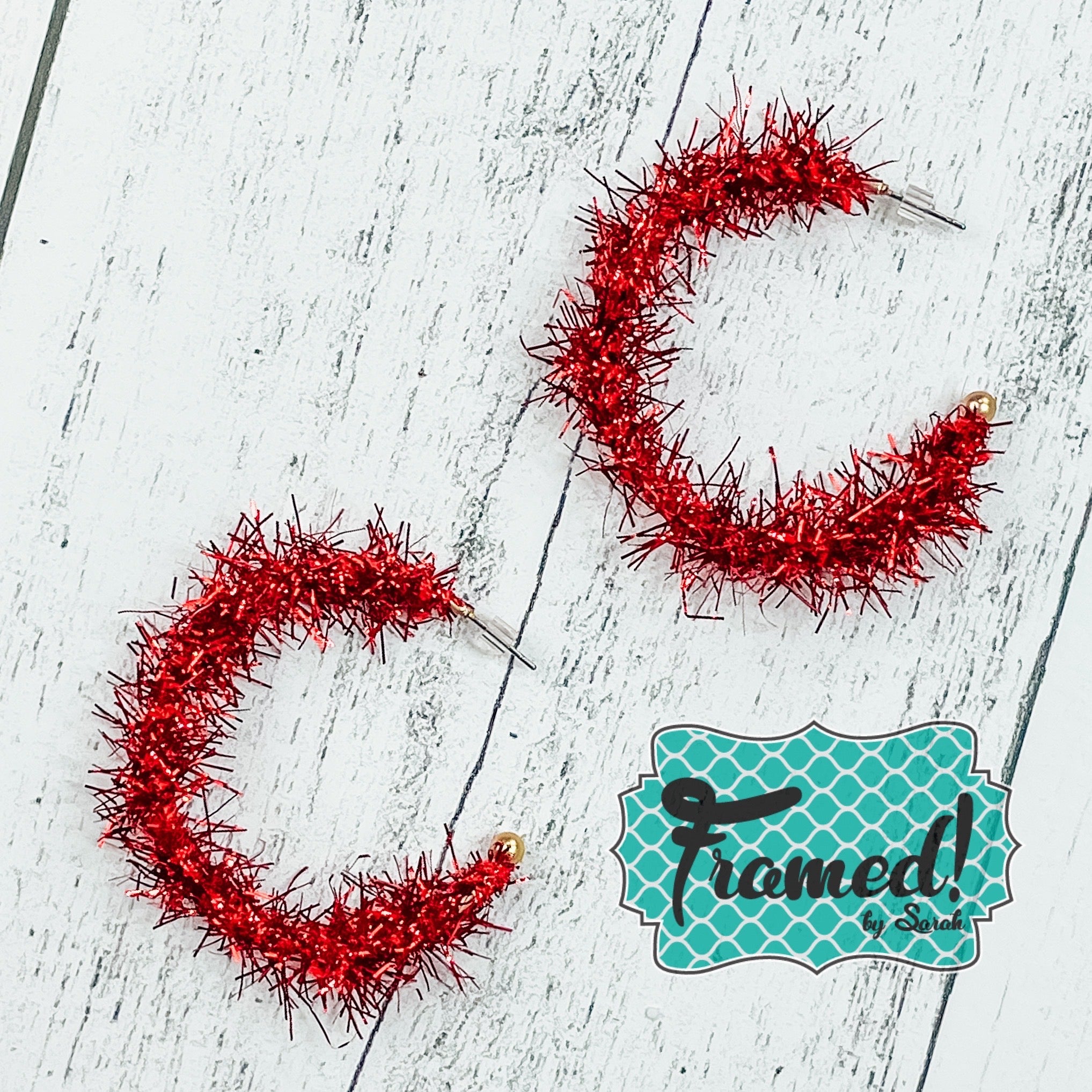 Red Tinsel Hoop Earrings