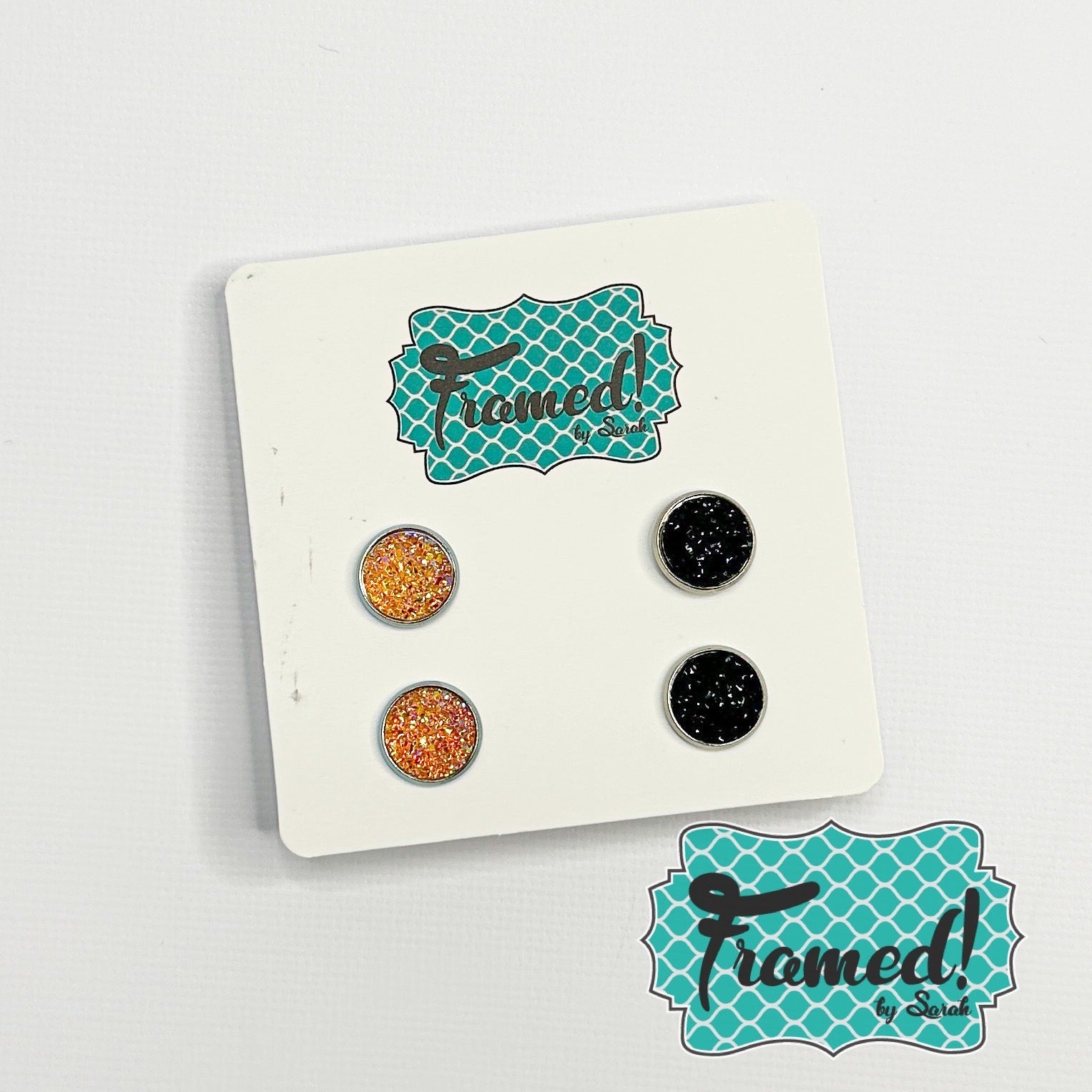 Set of 2 Amber & Black Glitter Stud Earrings