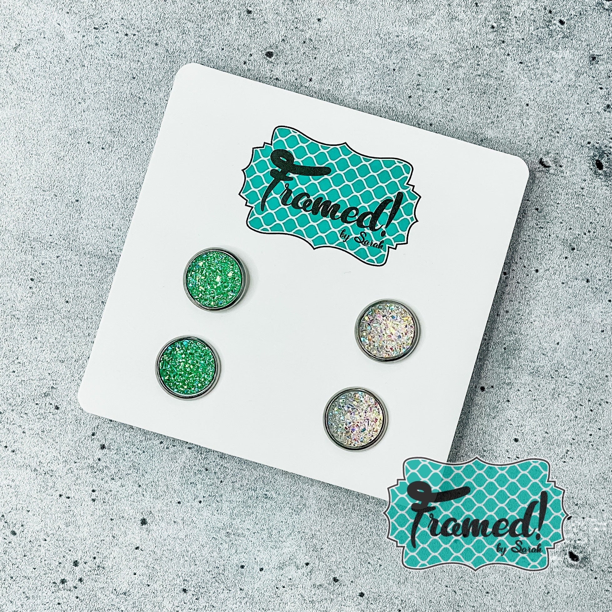Set of 2 Green & White Glitter Stud Earrings