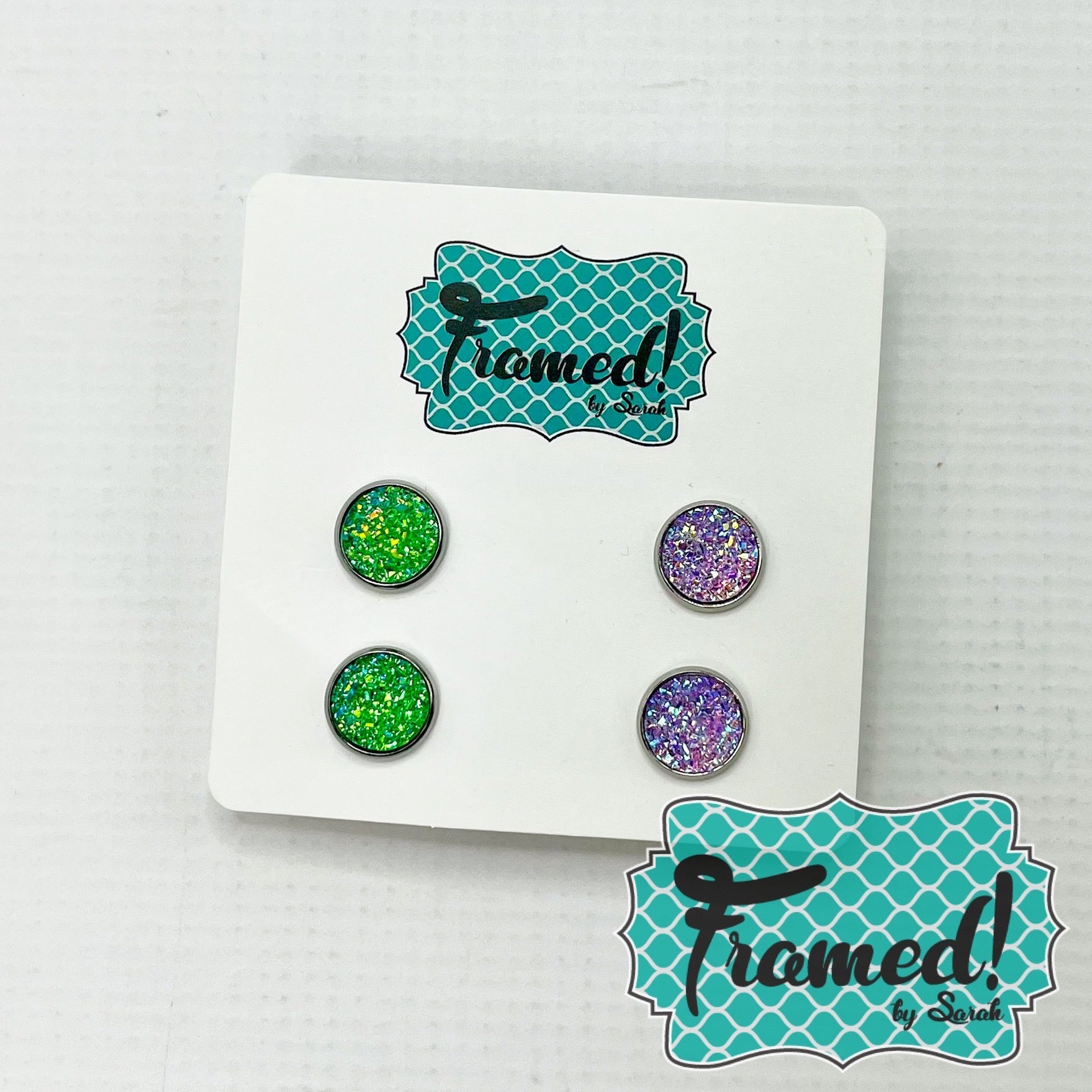 Set of 2 Green & Purple Glitter Stud Earrings