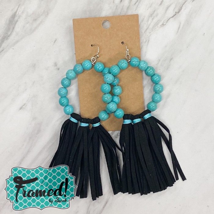 Turquoise Bead & Black Leather Earrings