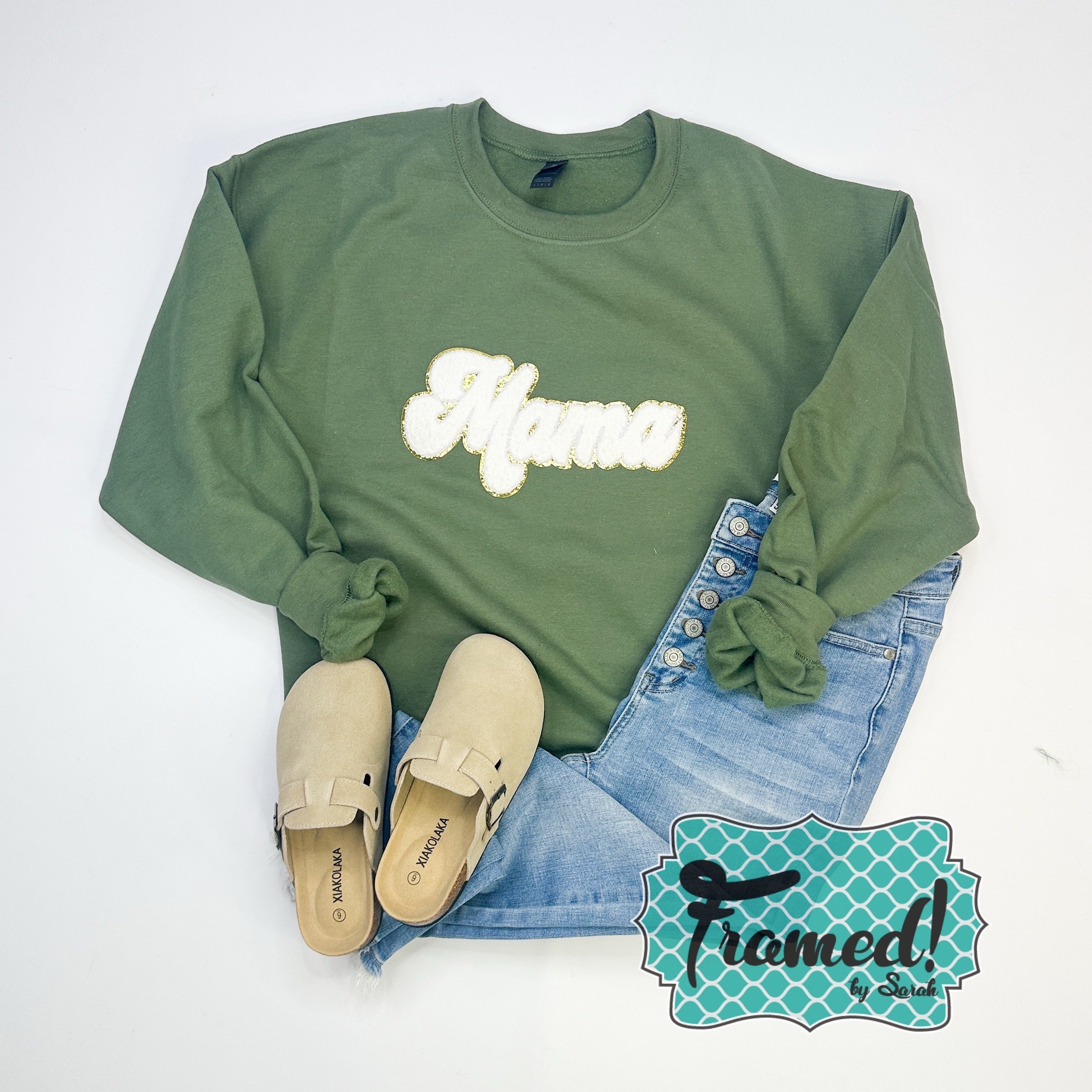 Olive 'Mama' Chenille Patch Sweatshirt (Lg, 2X & 3X only)