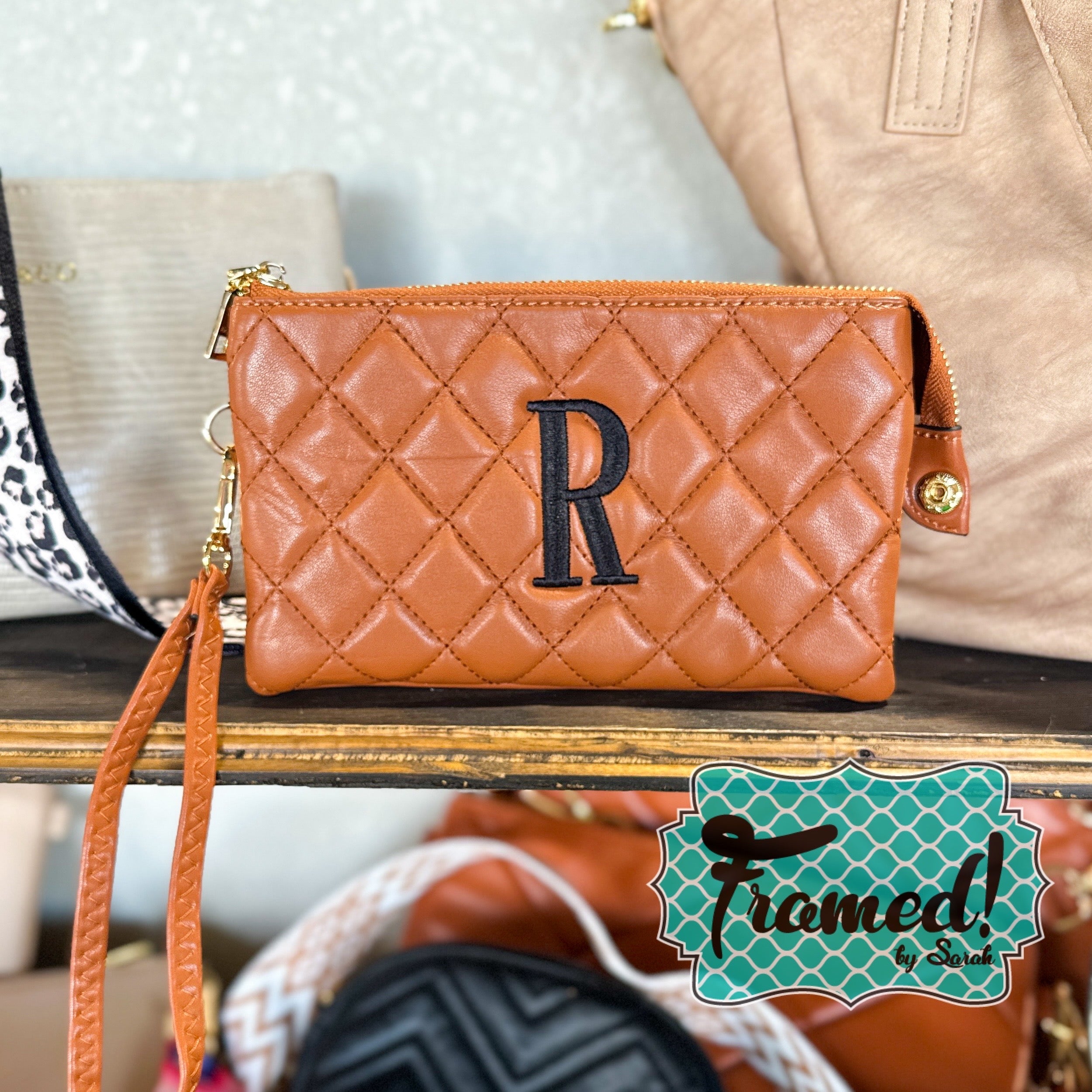 Brown Quilted Monogrammed Compartment Crossbody