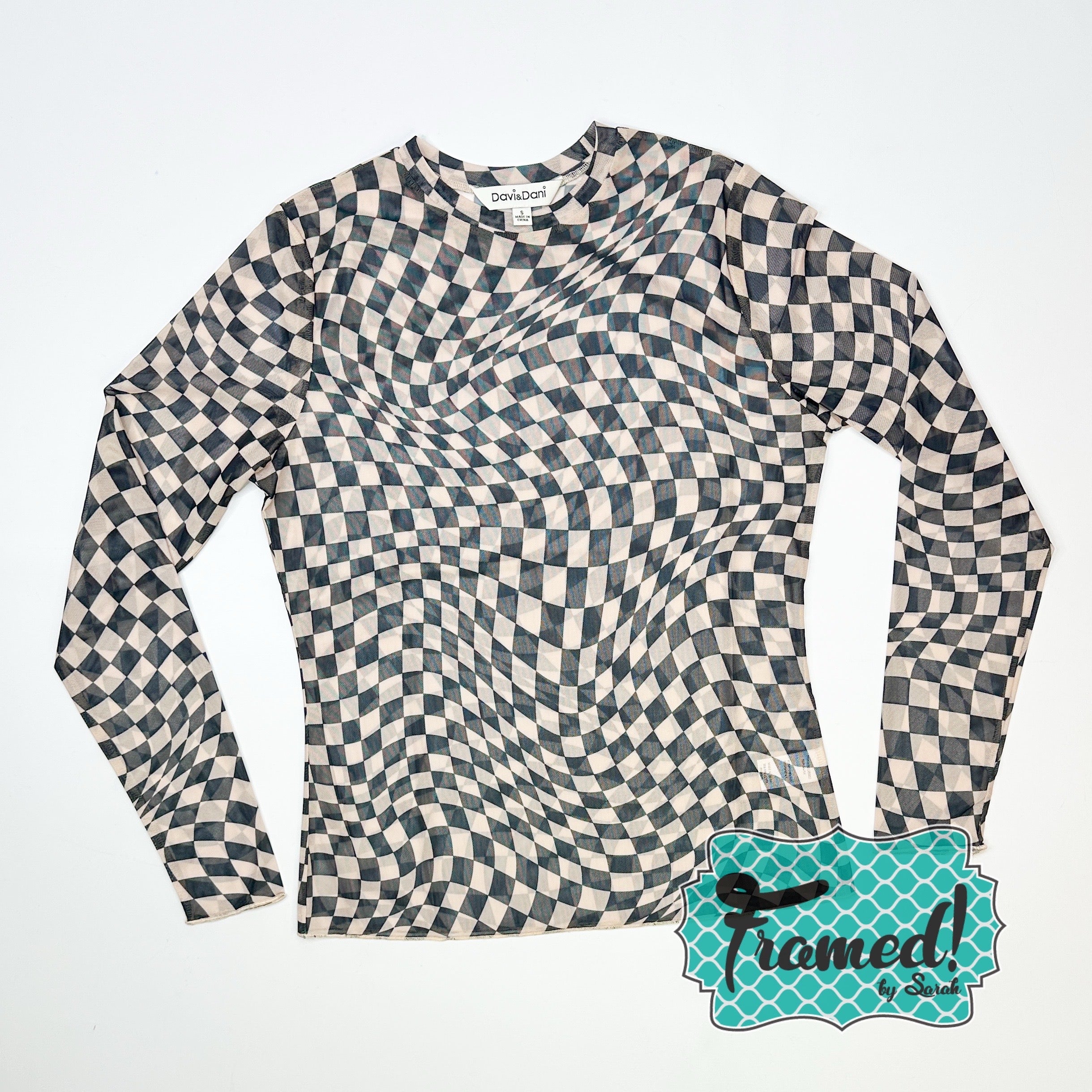 Checkered Mesh Long Sleeve Layering Top