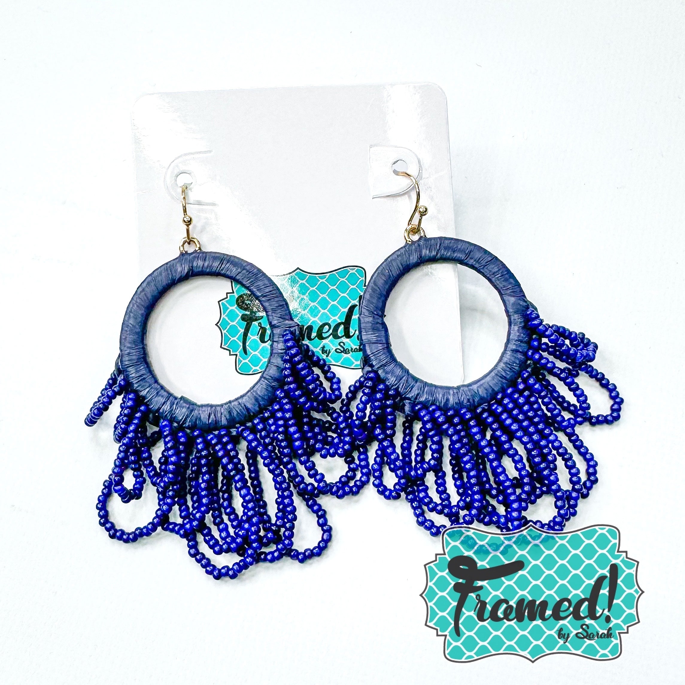 Dark Blue Beaded Loop Earrings