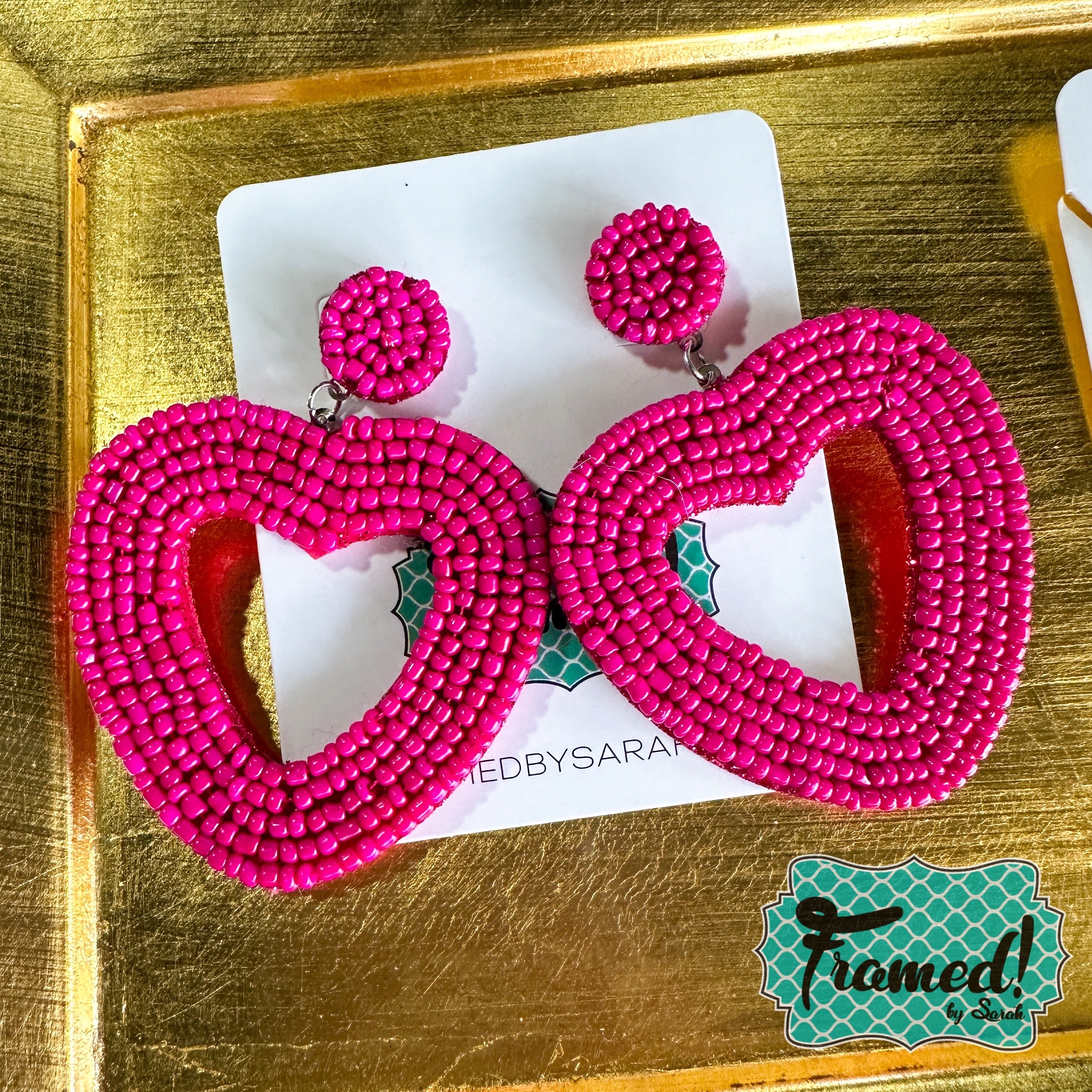 Dark Pink Beaded Heart Earrings