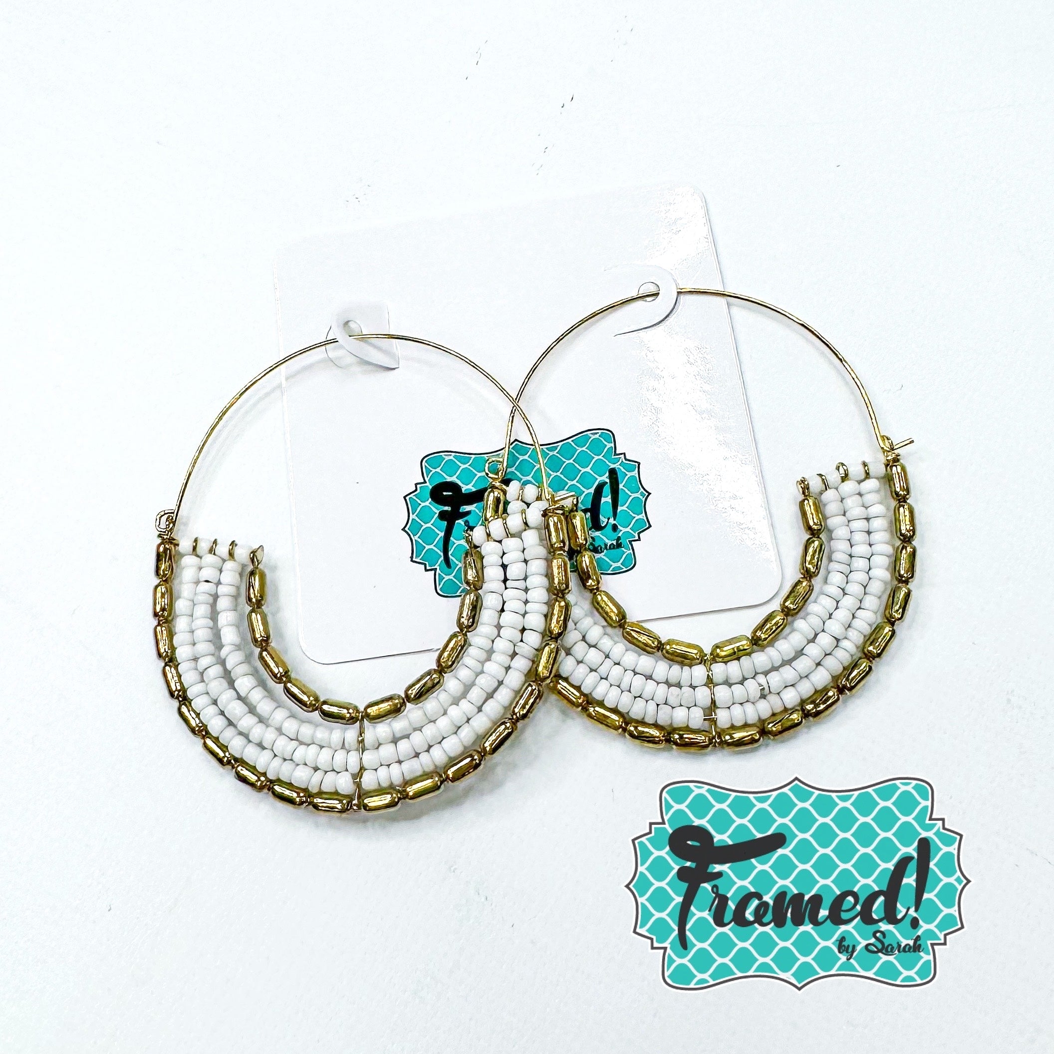 Gold & White Beaded Arch Earrings