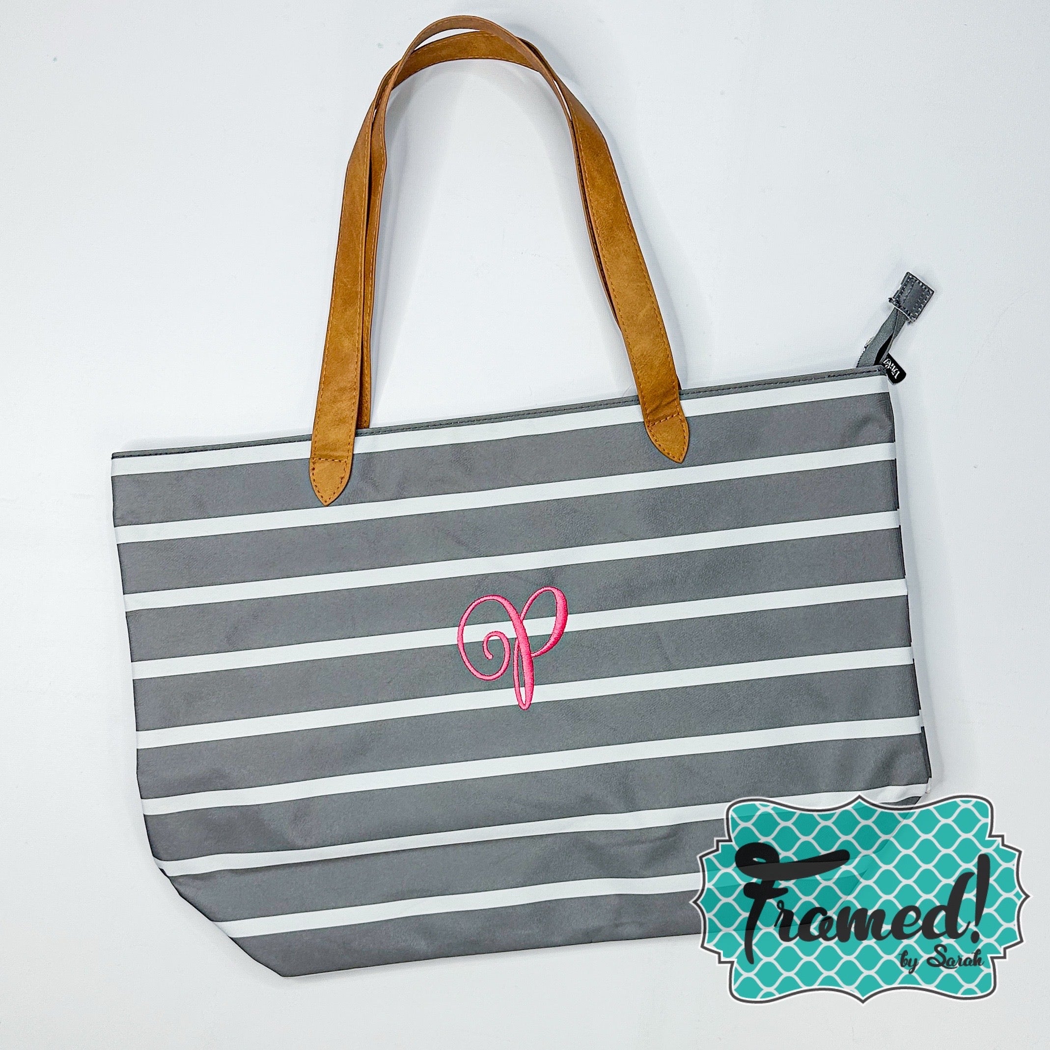 Monogrammed Gray Striped Tote (Initials P & Y only)