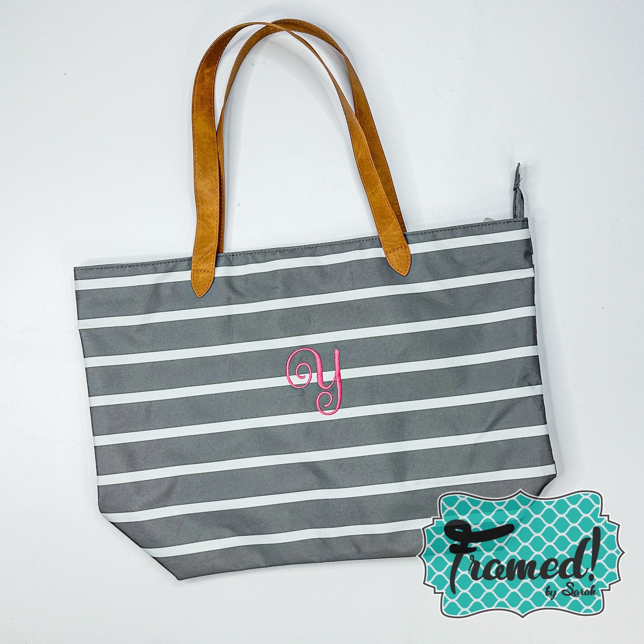 Monogrammed Gray Striped Tote (Initials P & Y only)