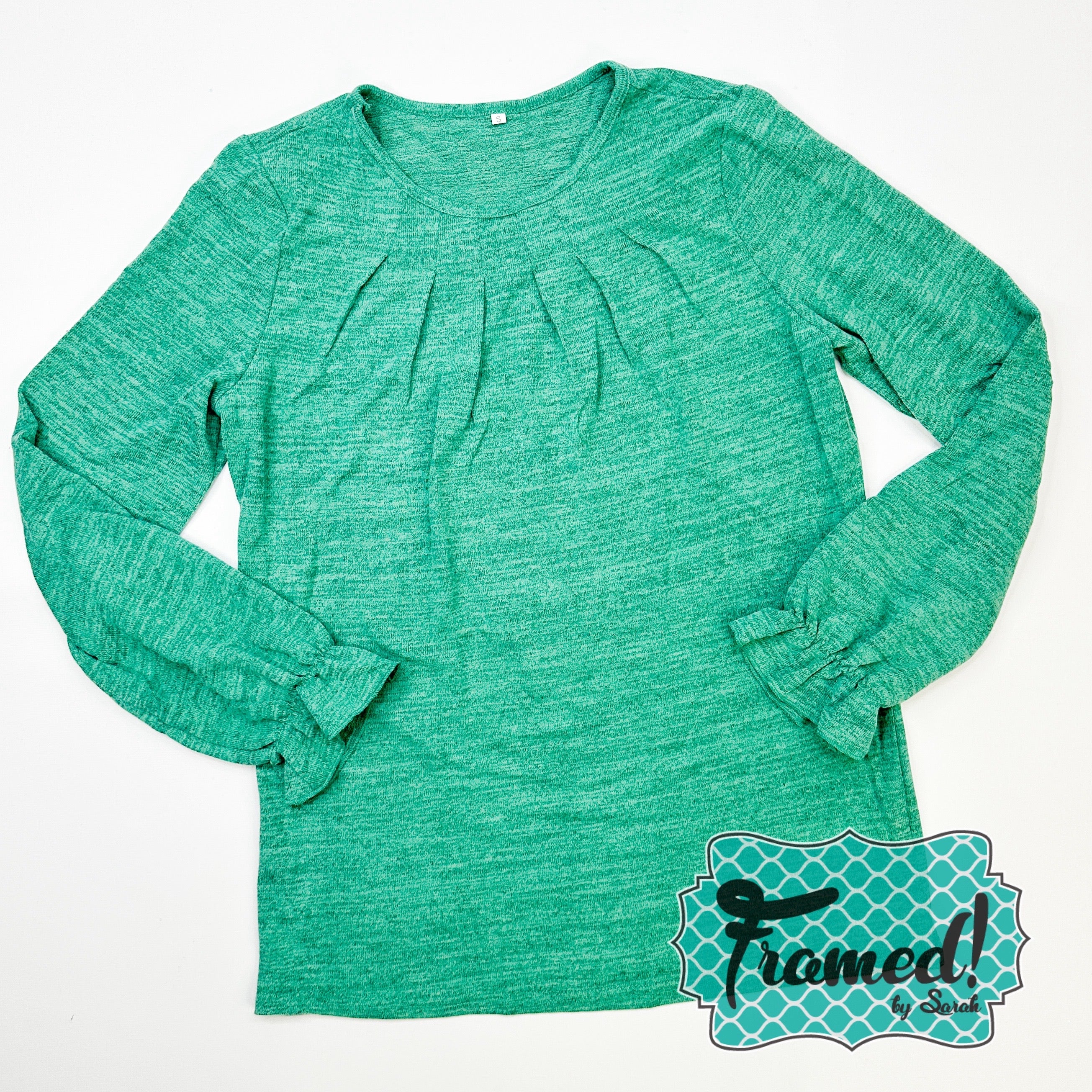 Green Round Neck Pleated LS Top