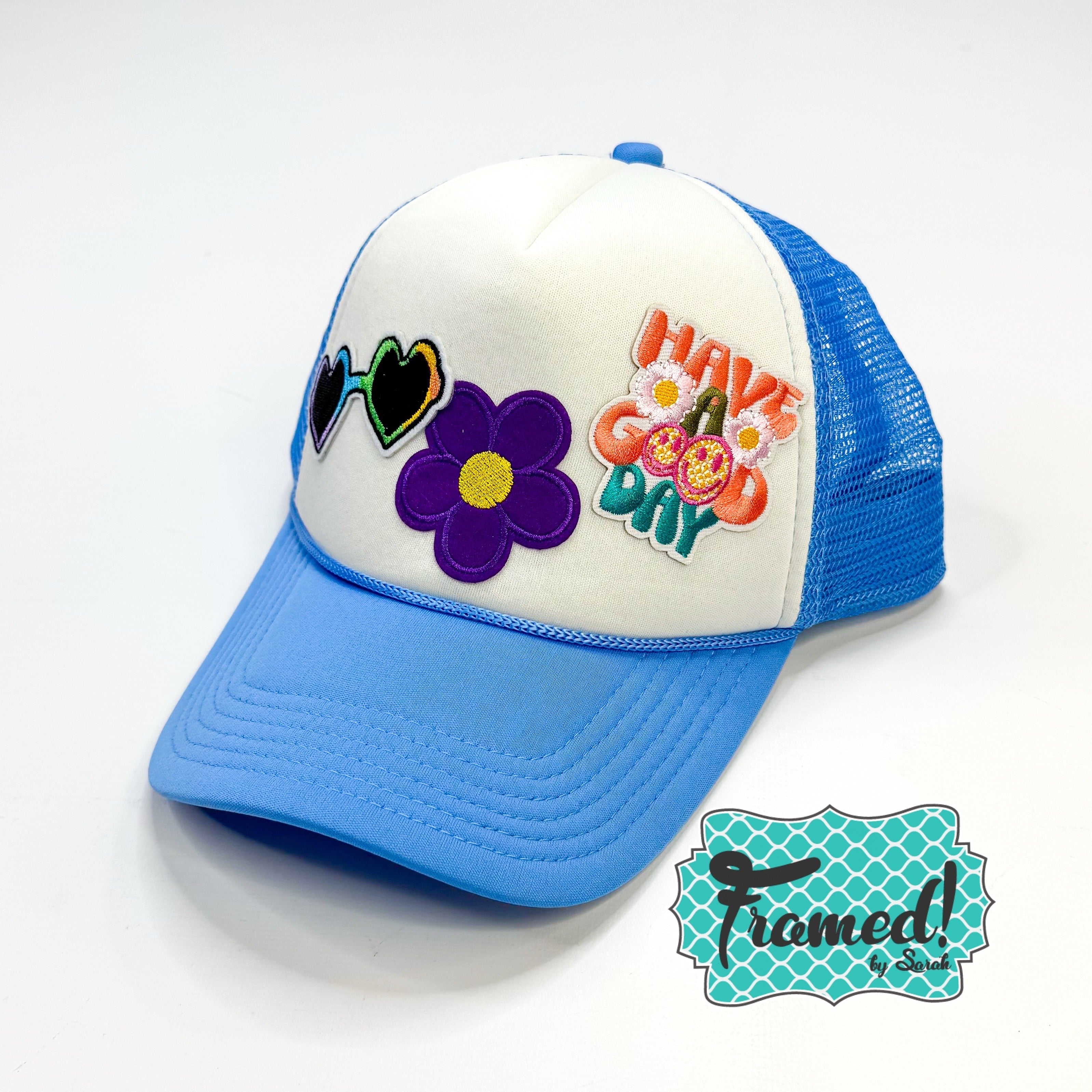 Have a Good Day + Sunglasses + Flower Blue Trucker Hat