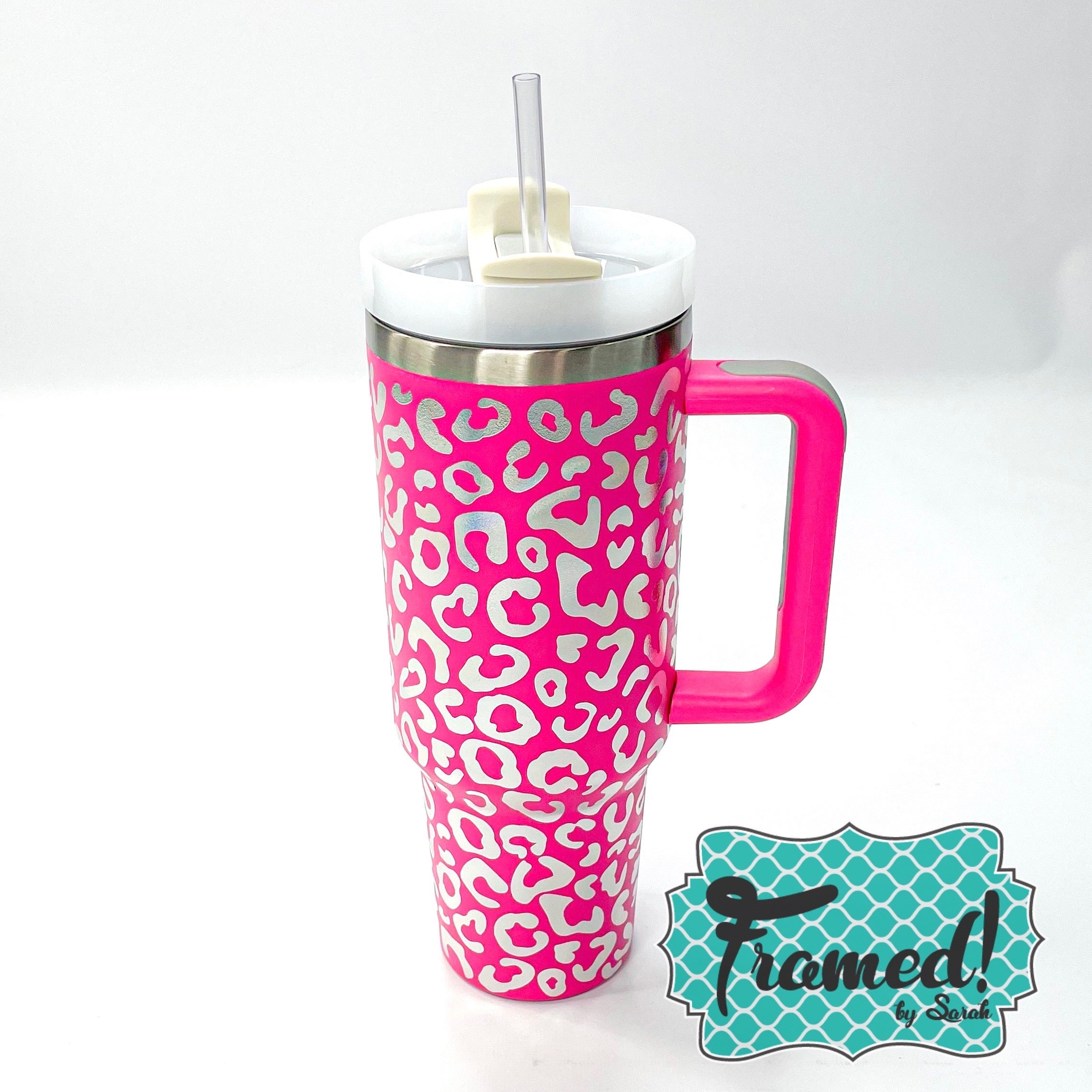 Hot Pink Holographic Leopard 40 oz Matte Tumbler with Handle