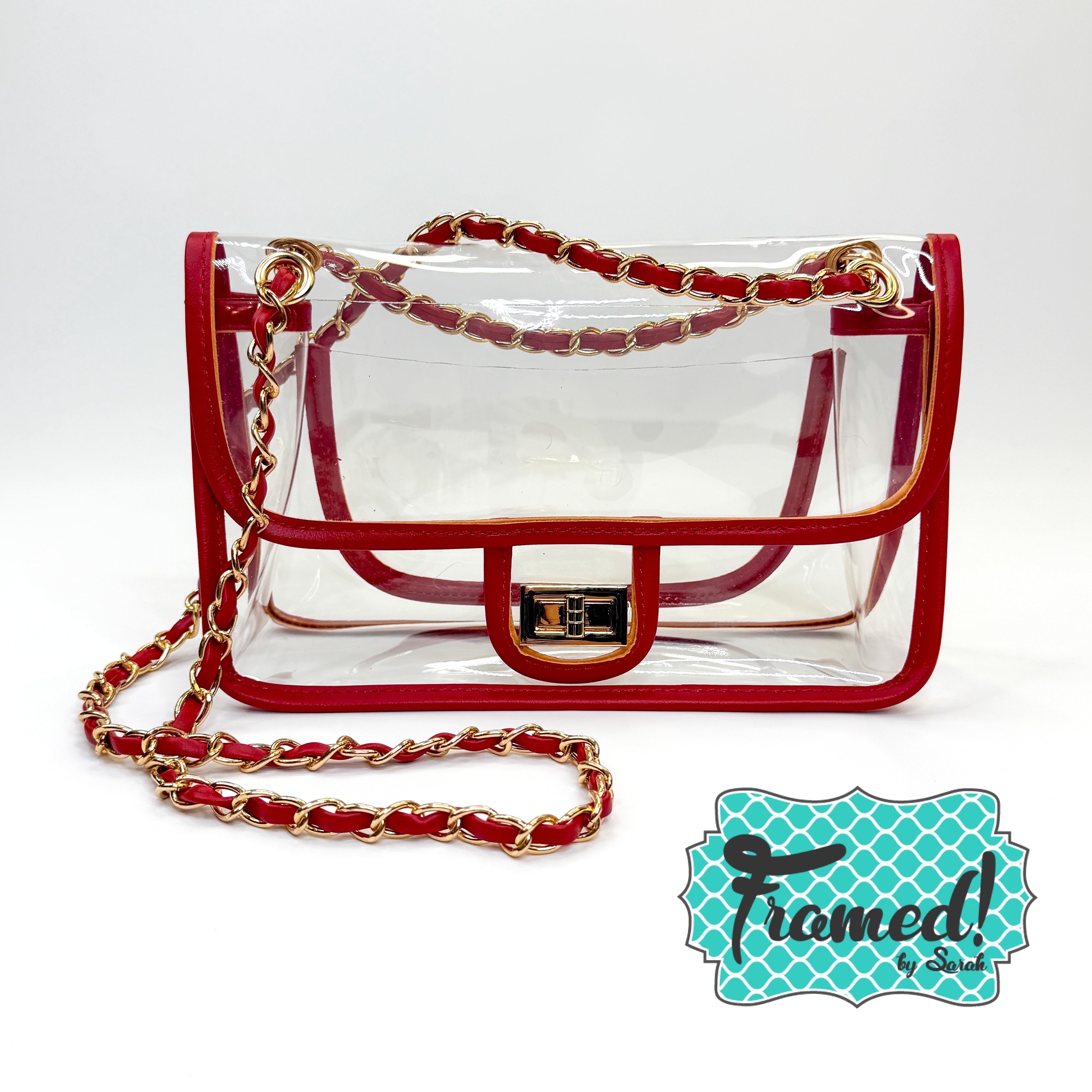 Clear Crossbody Purse with Red & Gold Strap