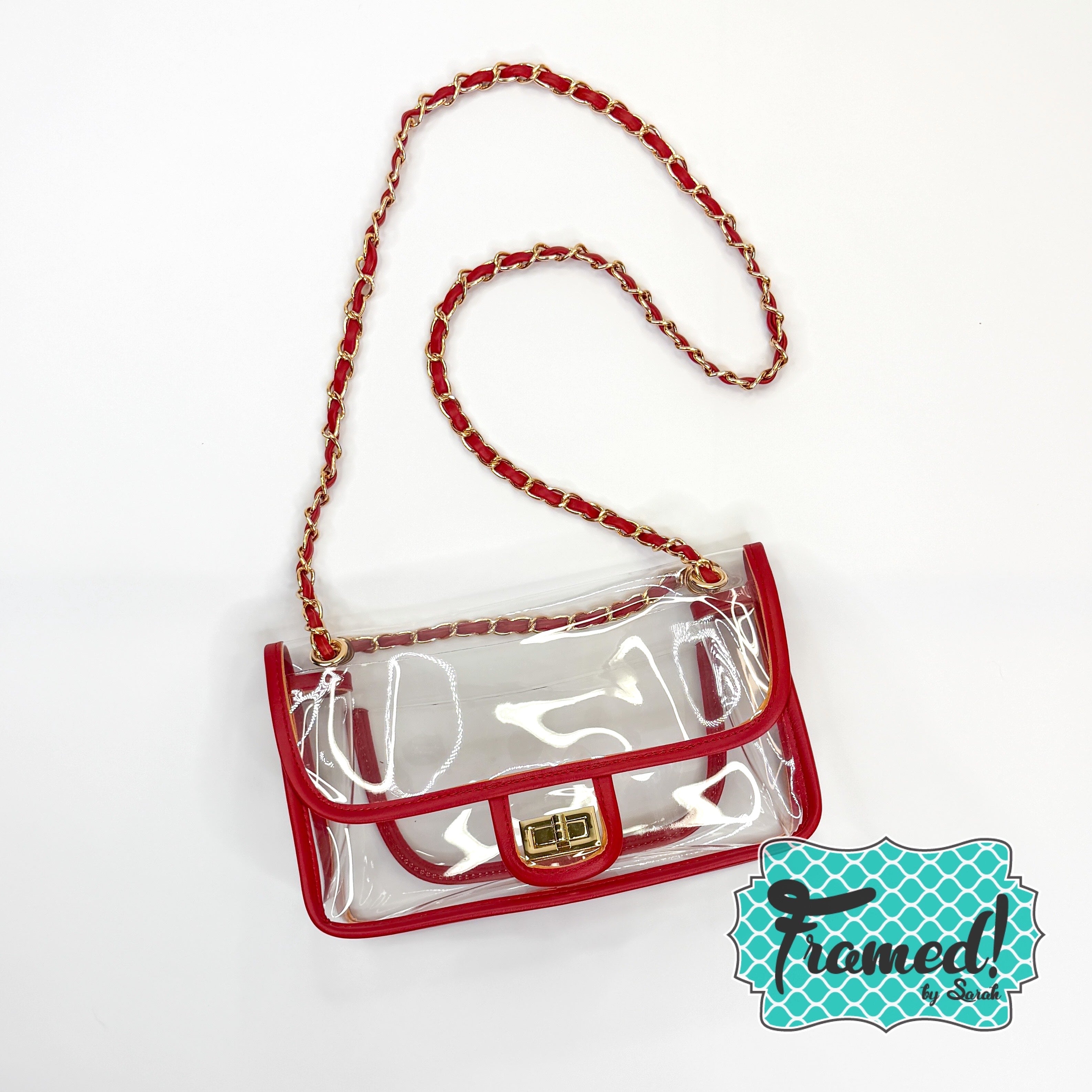 Clear Crossbody Purse with Red & Gold Strap
