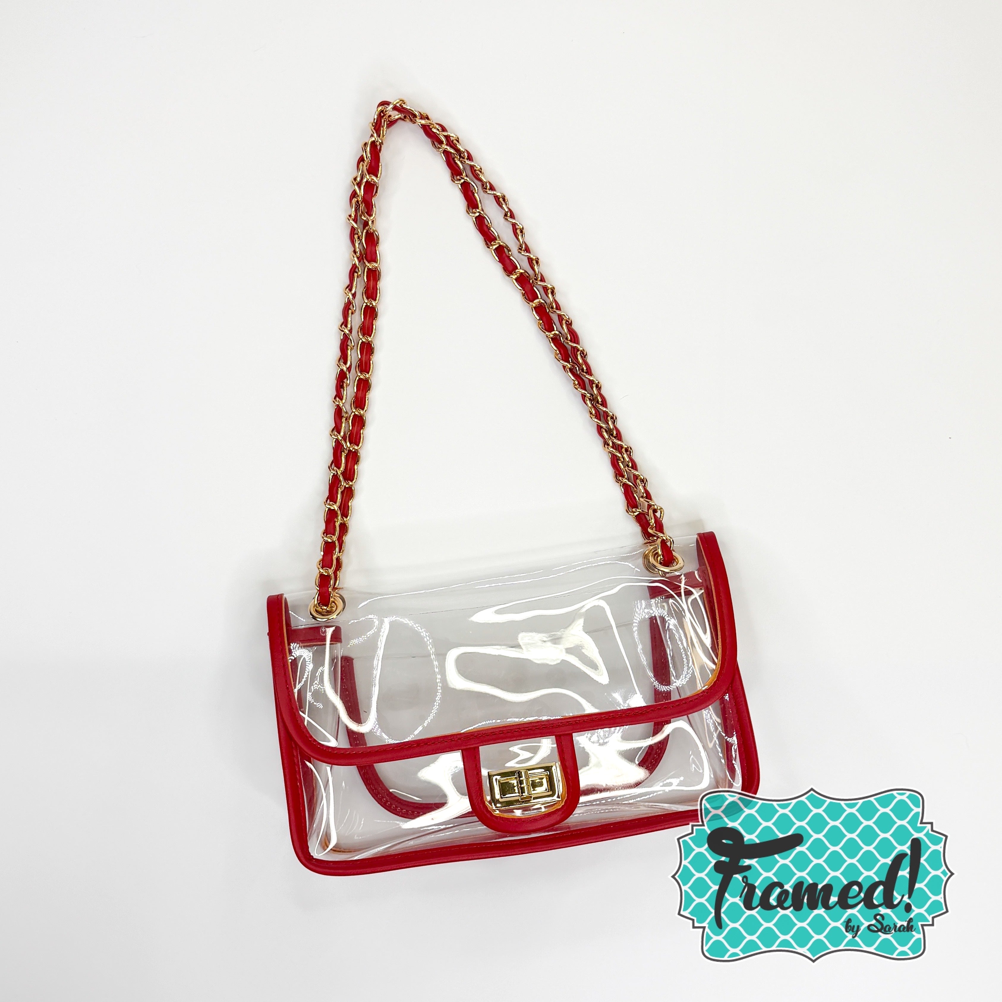 Clear Crossbody Purse with Red & Gold Strap