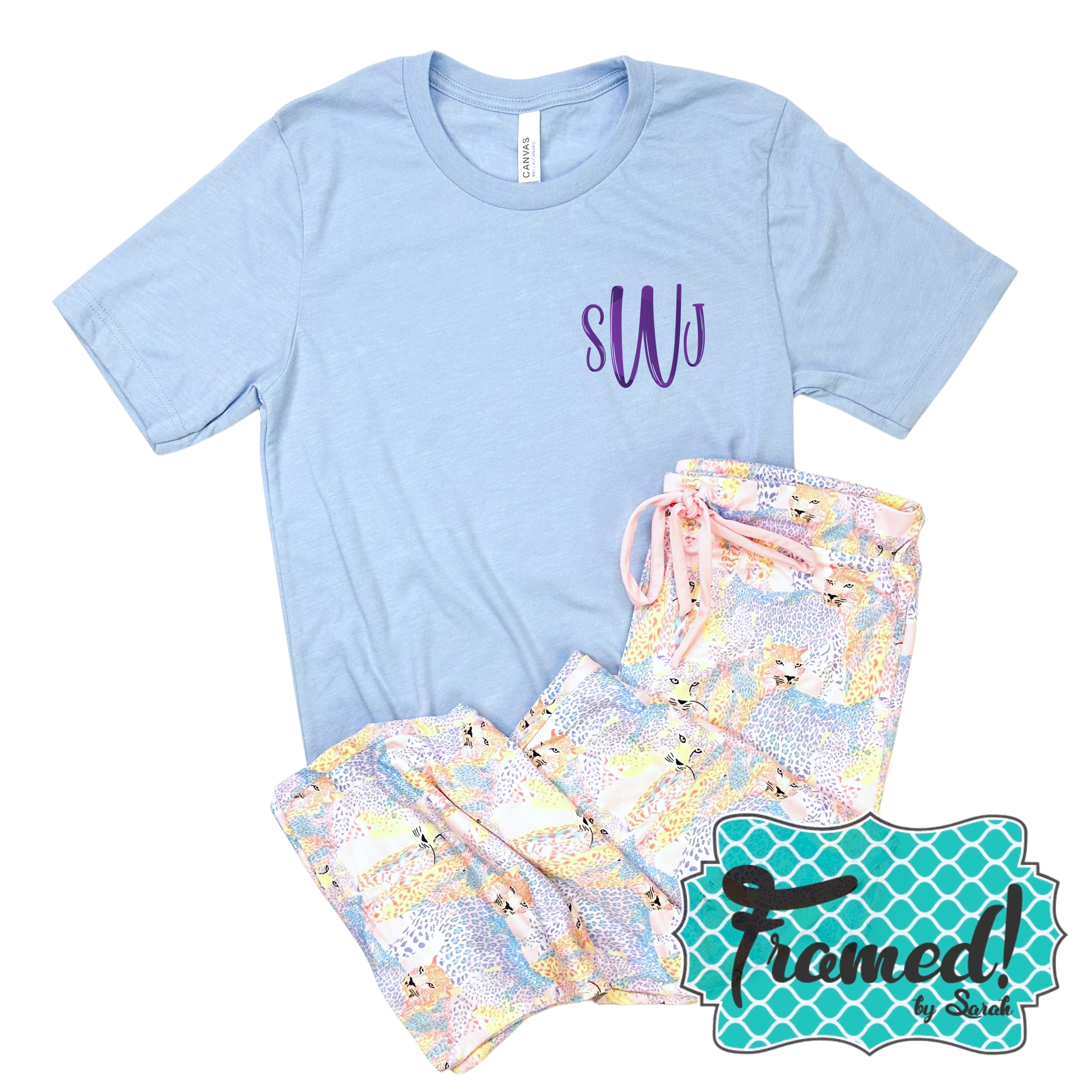 Monogrammed Tee + Pastel Cheetah Pajama Pants Bundle