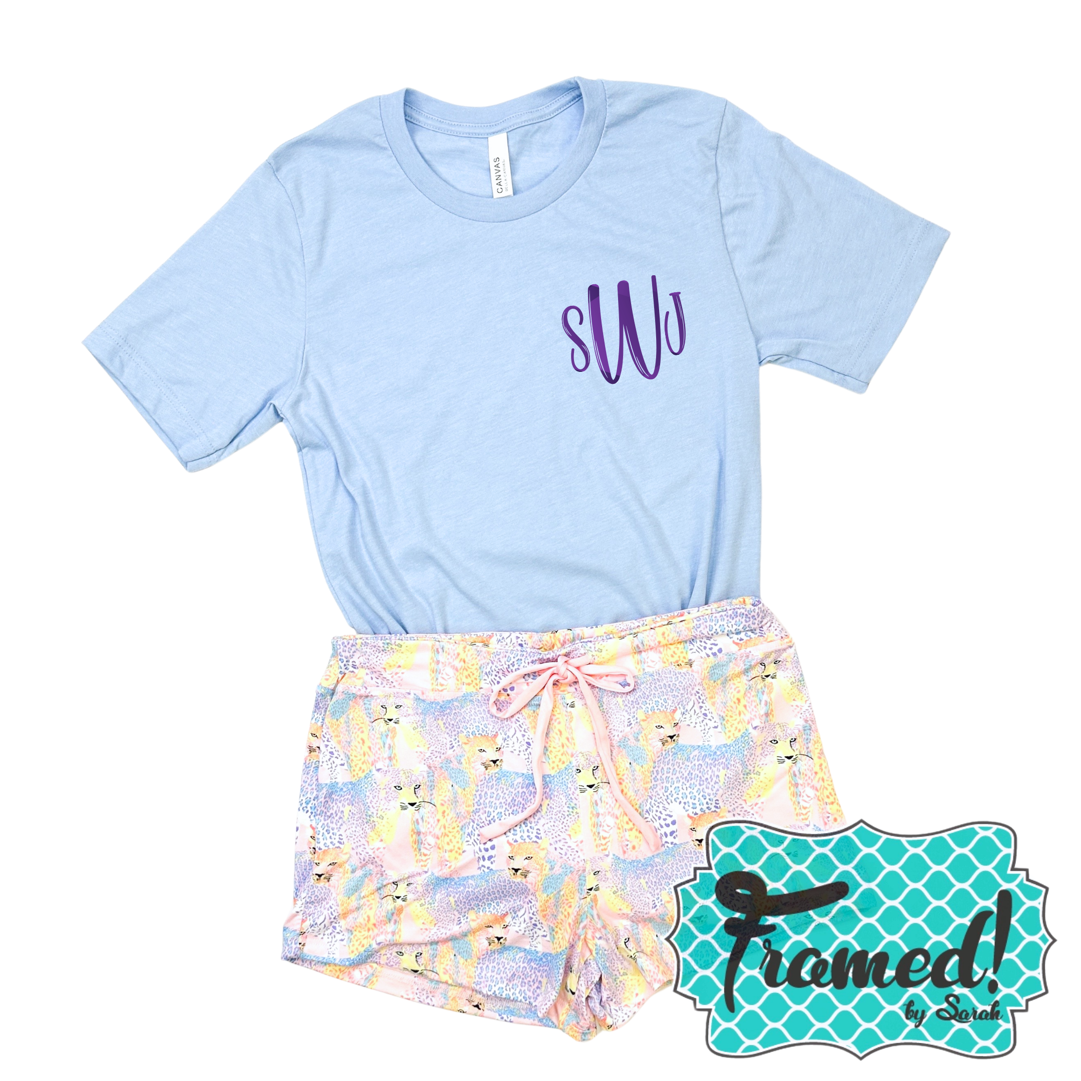 Monogrammed Tee + Pastel Cheetah Pajama Shorts Bundle