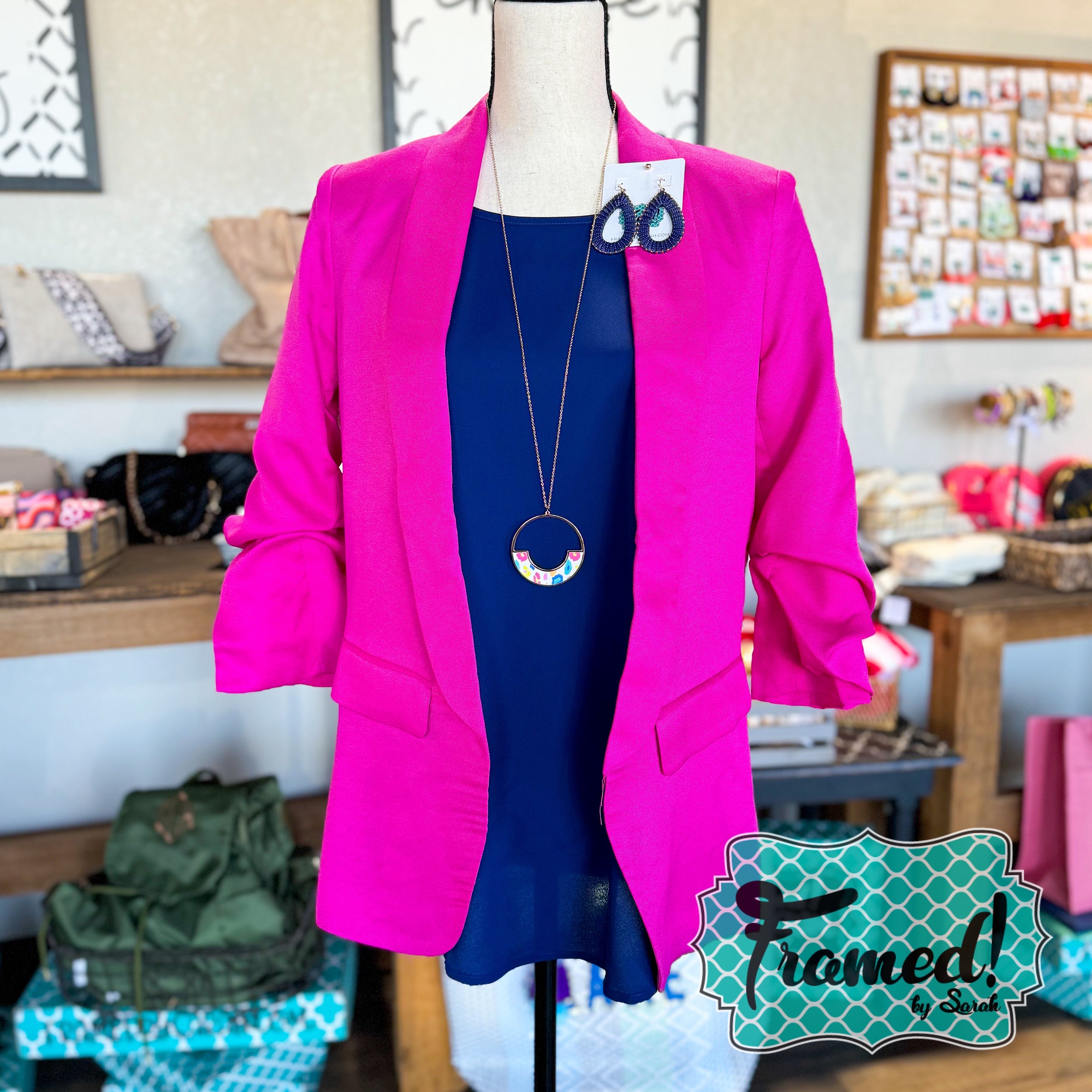 Magenta Collared Blazer with Ruched Sleeves