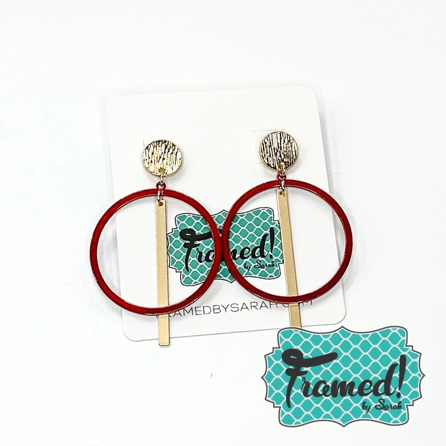Maroon Circle with Gold Bar Earrings