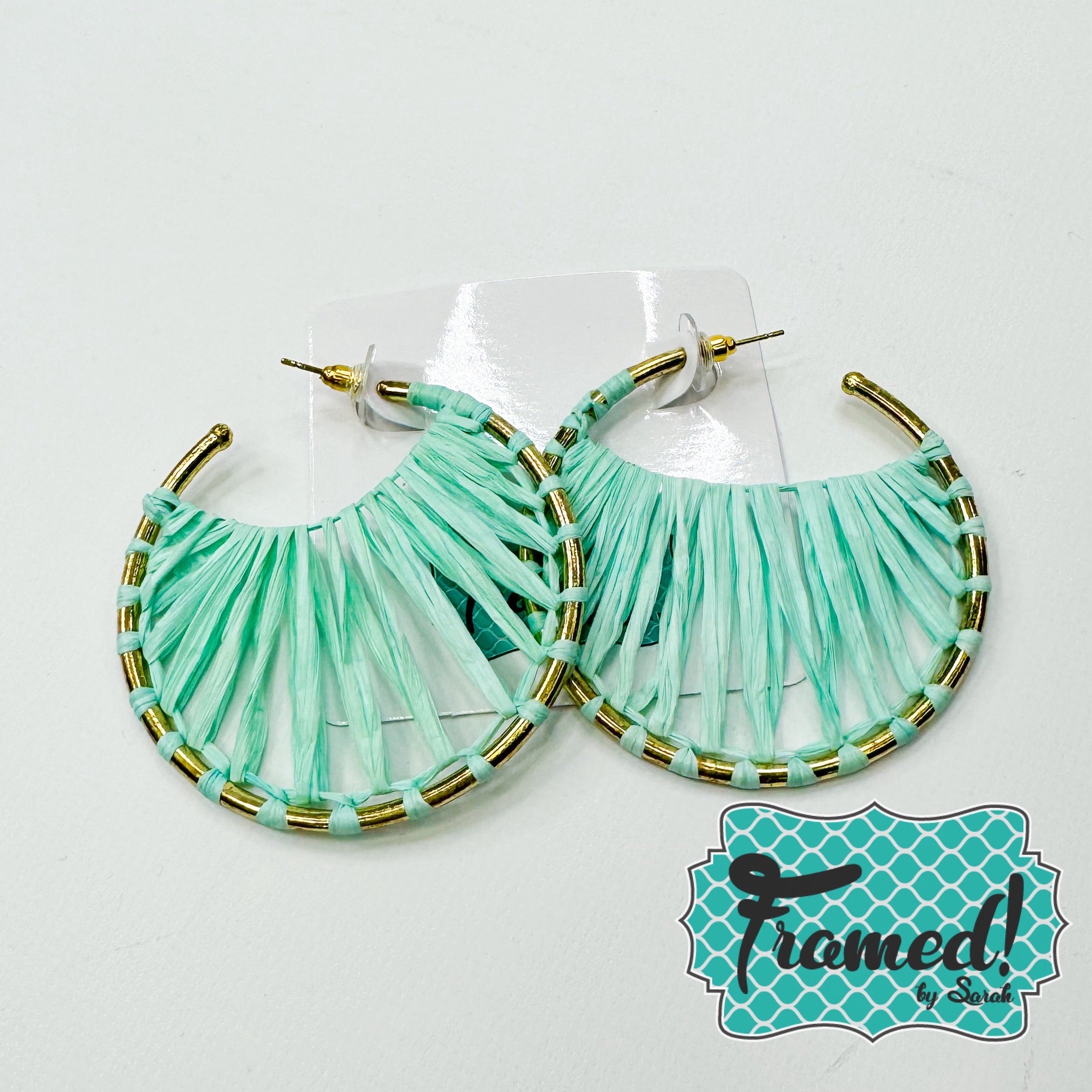 Mint Raffia Wrapped Hoop Earrings