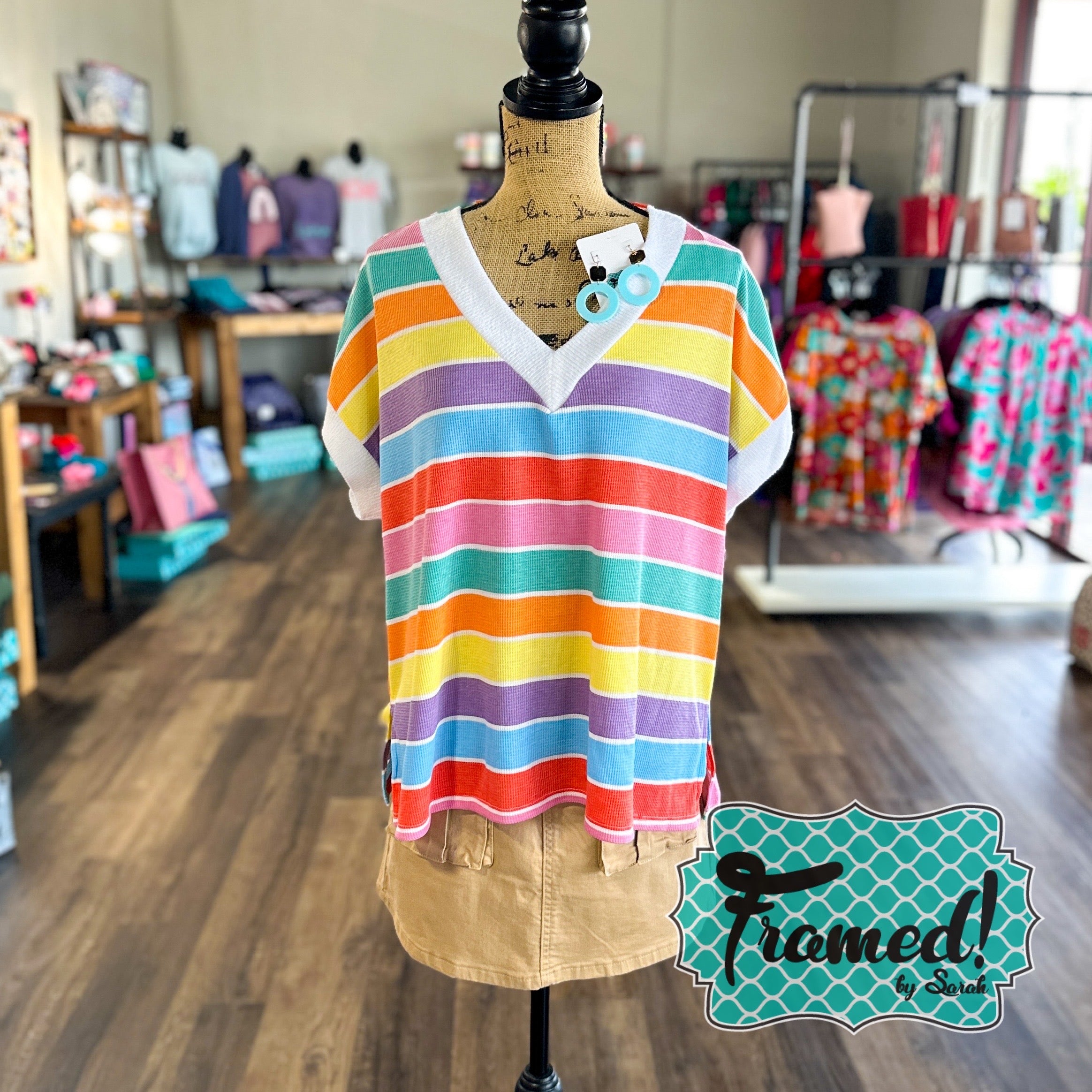 Multi Color V-Neck Striped Top (Sm & 2X only)