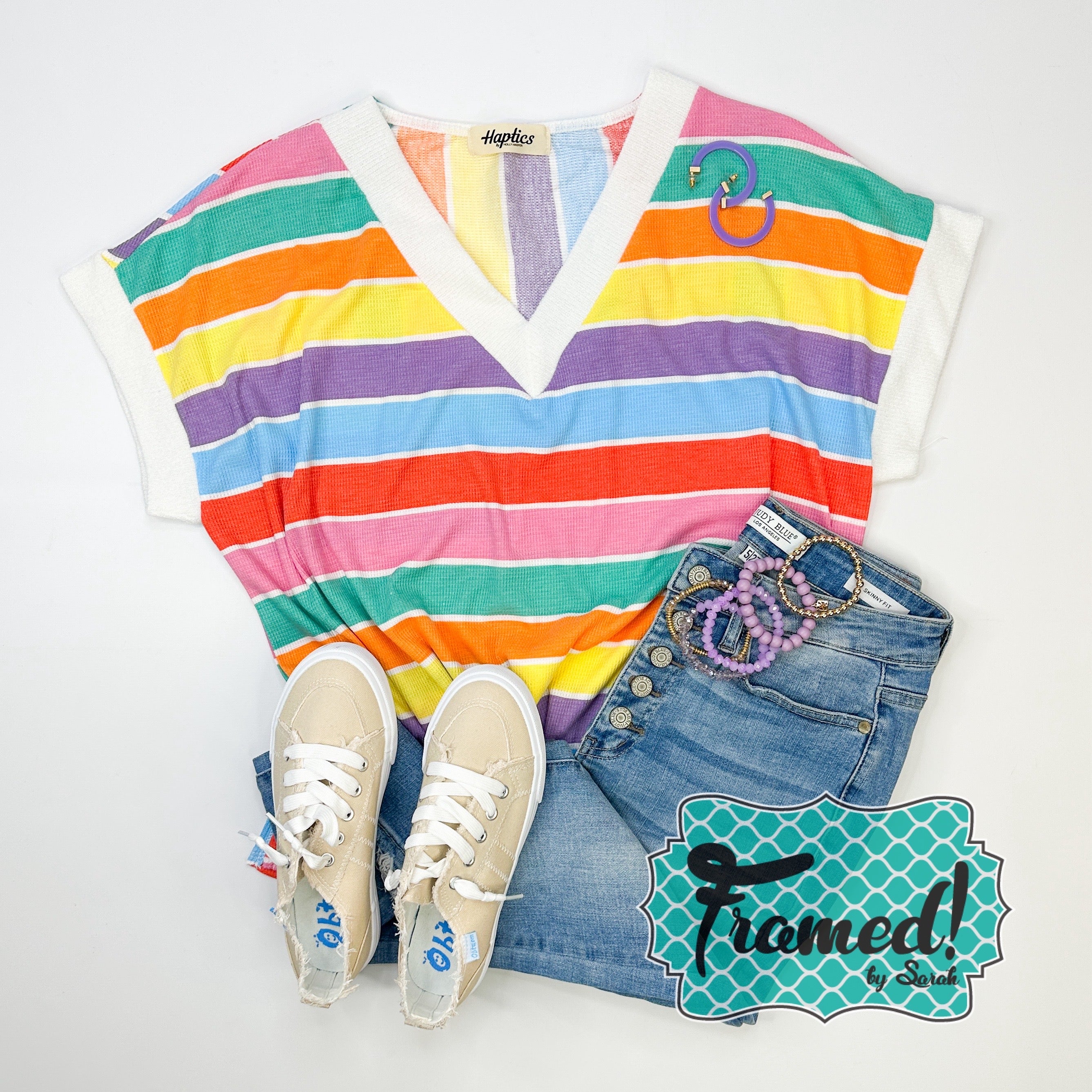 Multi Color V-Neck Striped Top (Sm & 2X only)