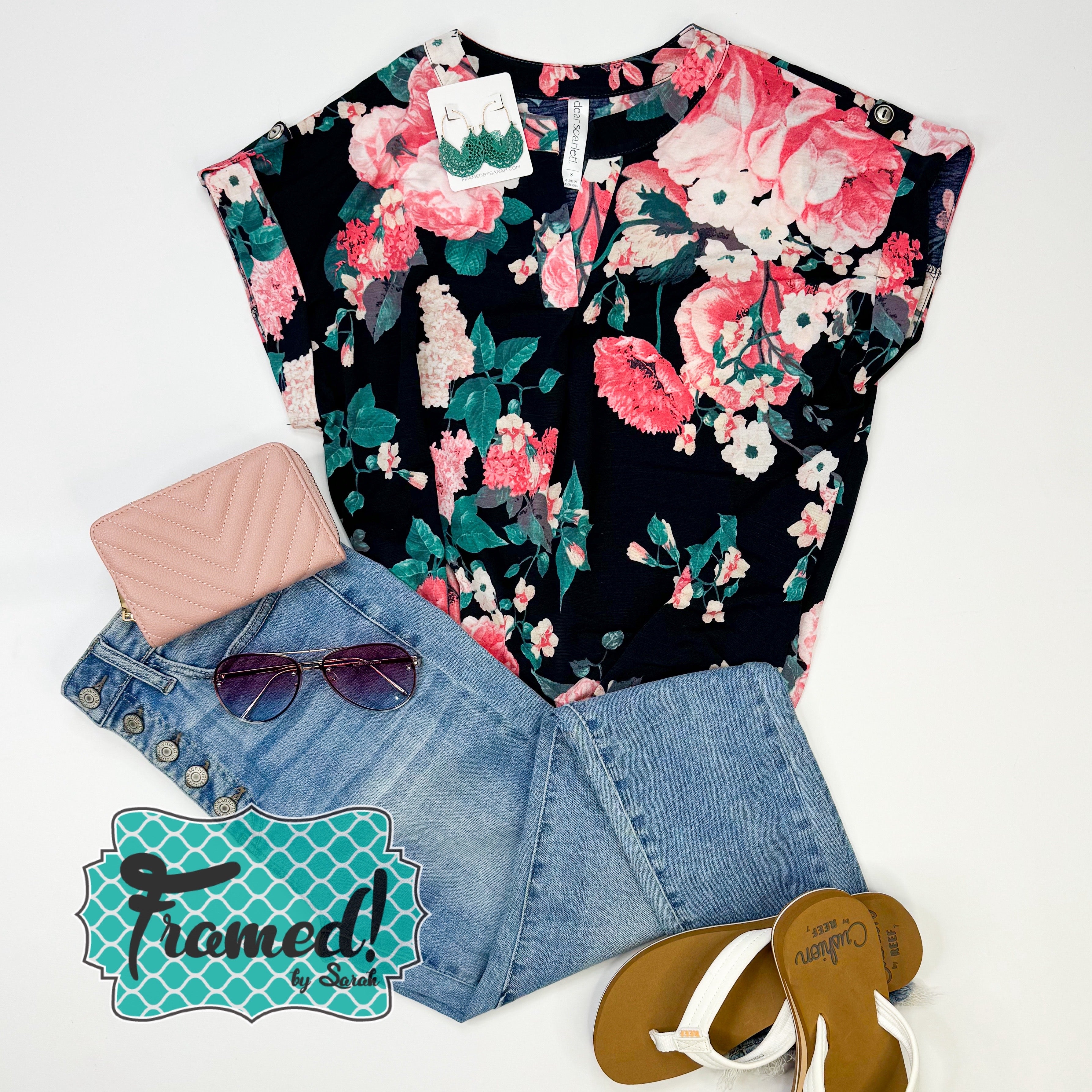 Navy Floral V-Neck Top