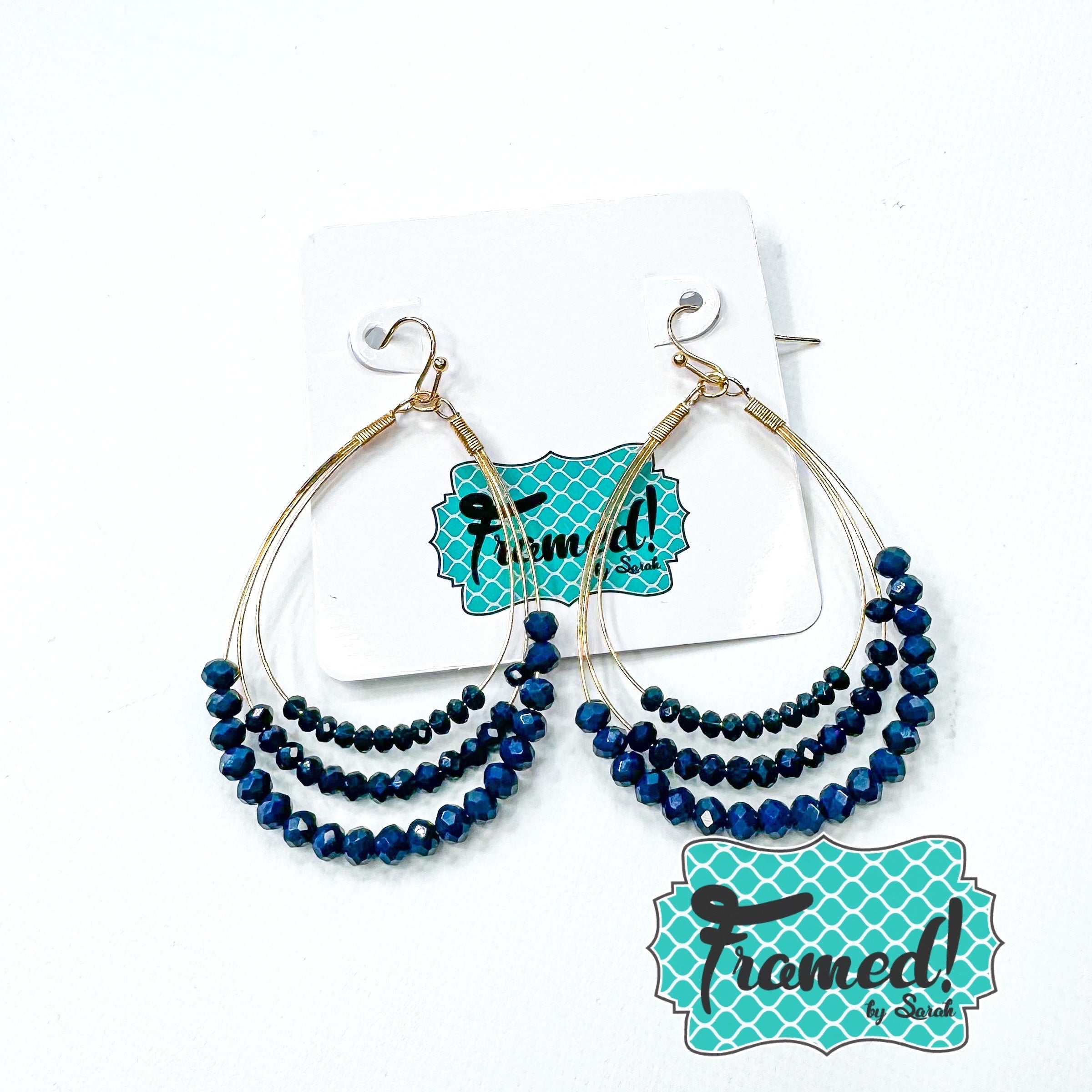 Navy Triple Beaded Teardrop Earrings