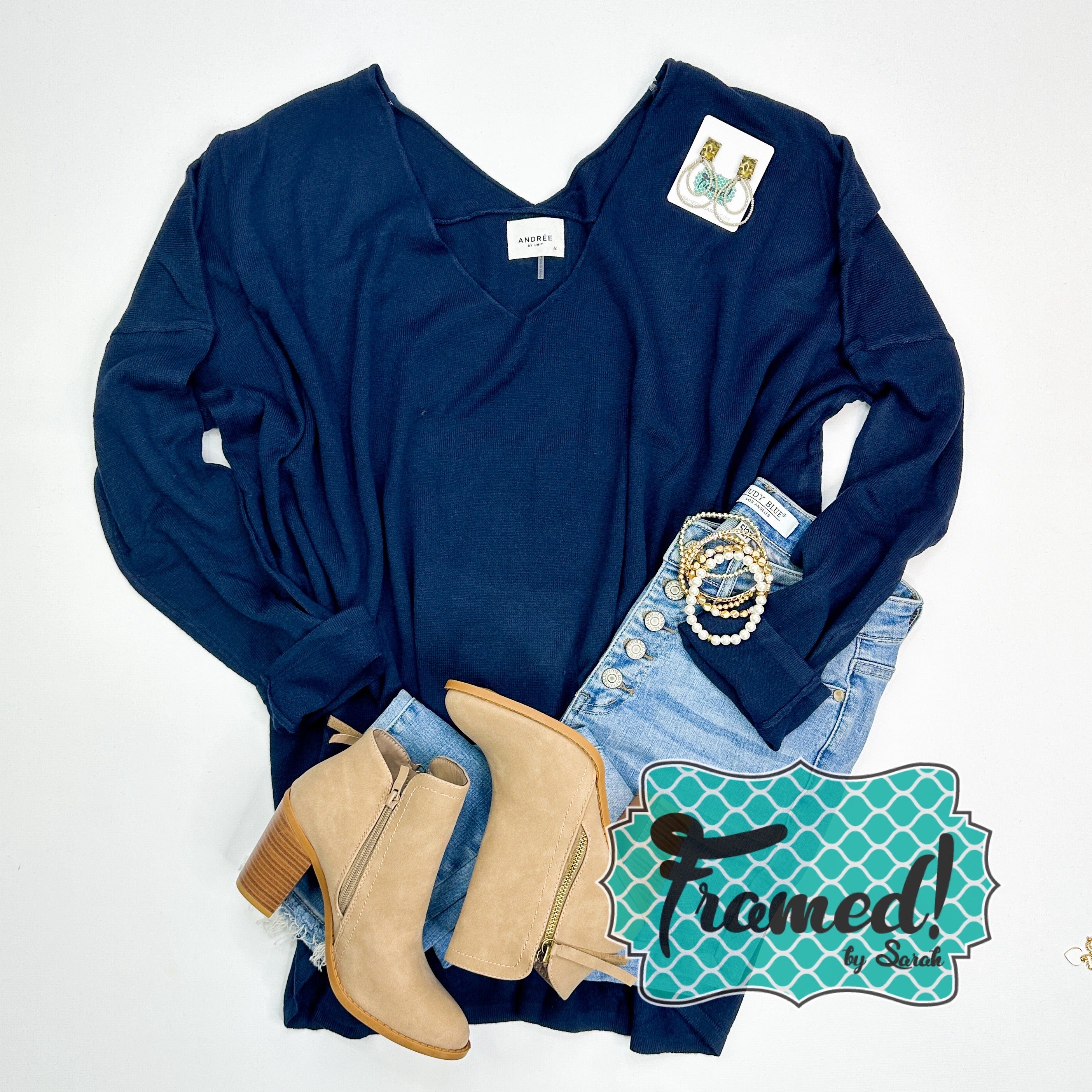 Navy V-Neck Long Sleeve Sweater (1X, 2X & 3X only)