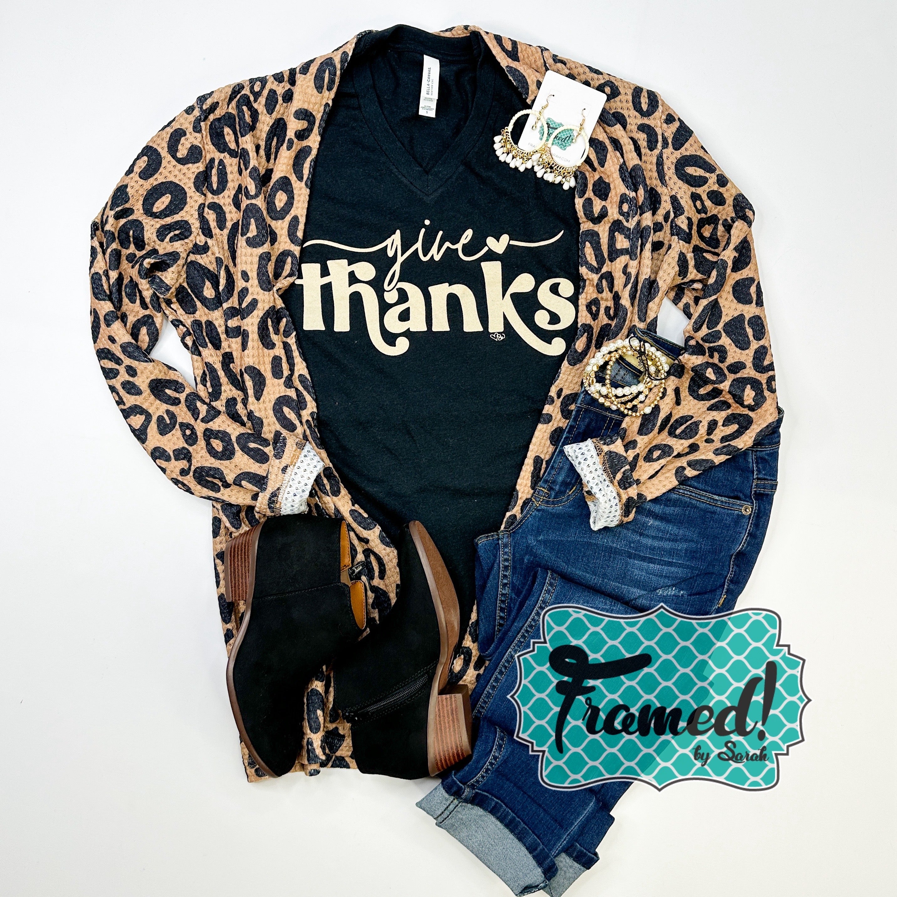 'Give Thanks' Black V-Neck Graphic Tee