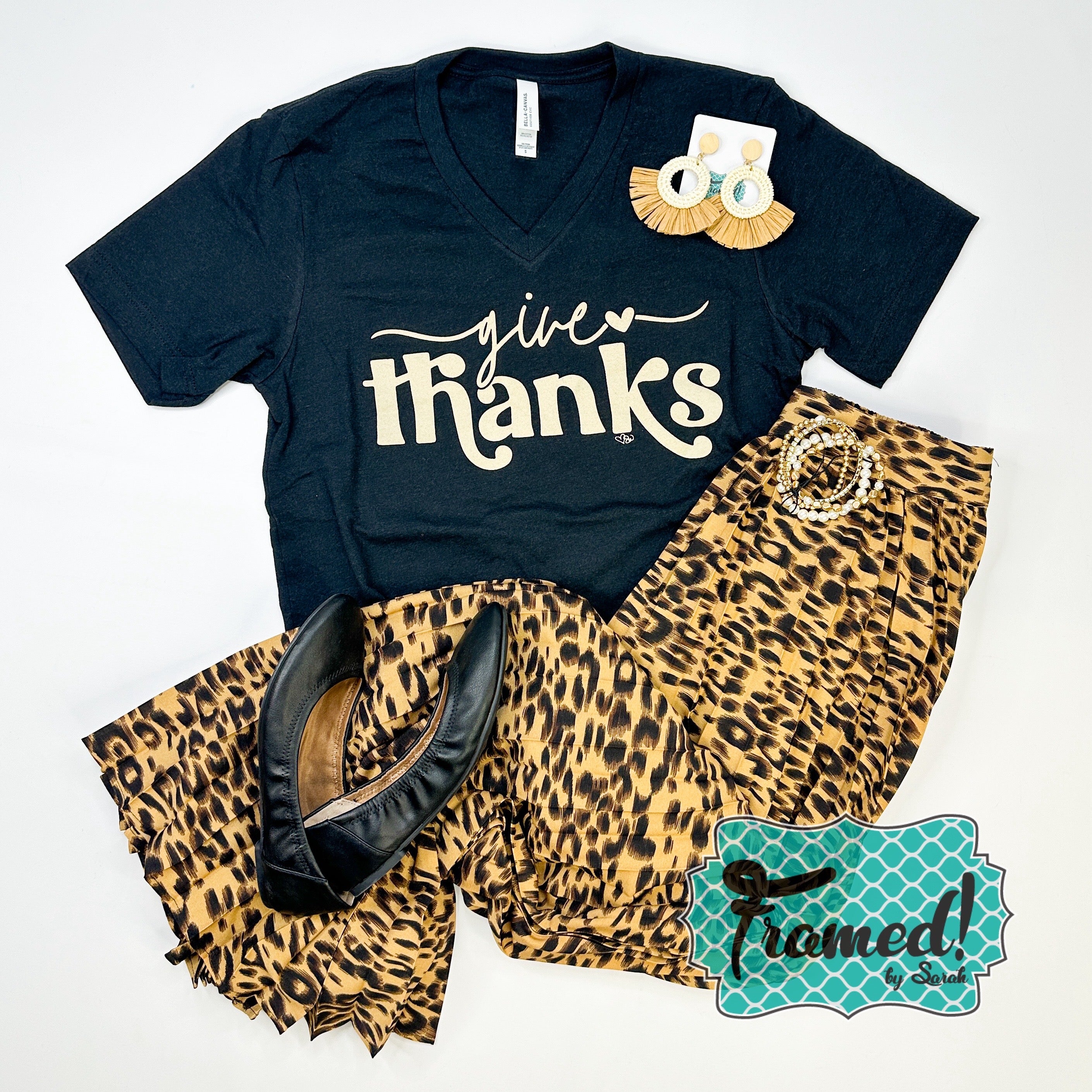 'Give Thanks' Black V-Neck Graphic Tee