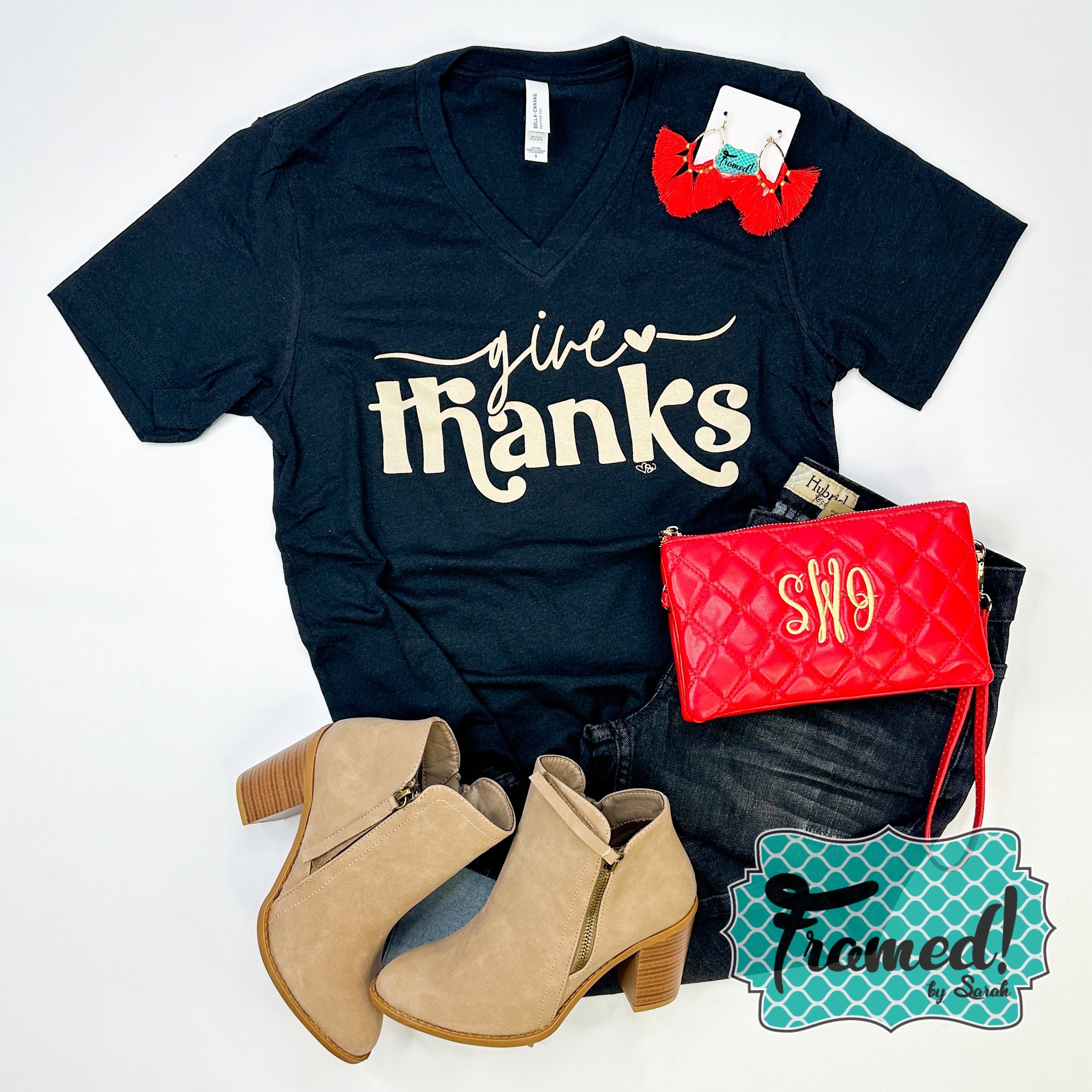 'Give Thanks' Black V-Neck Graphic Tee