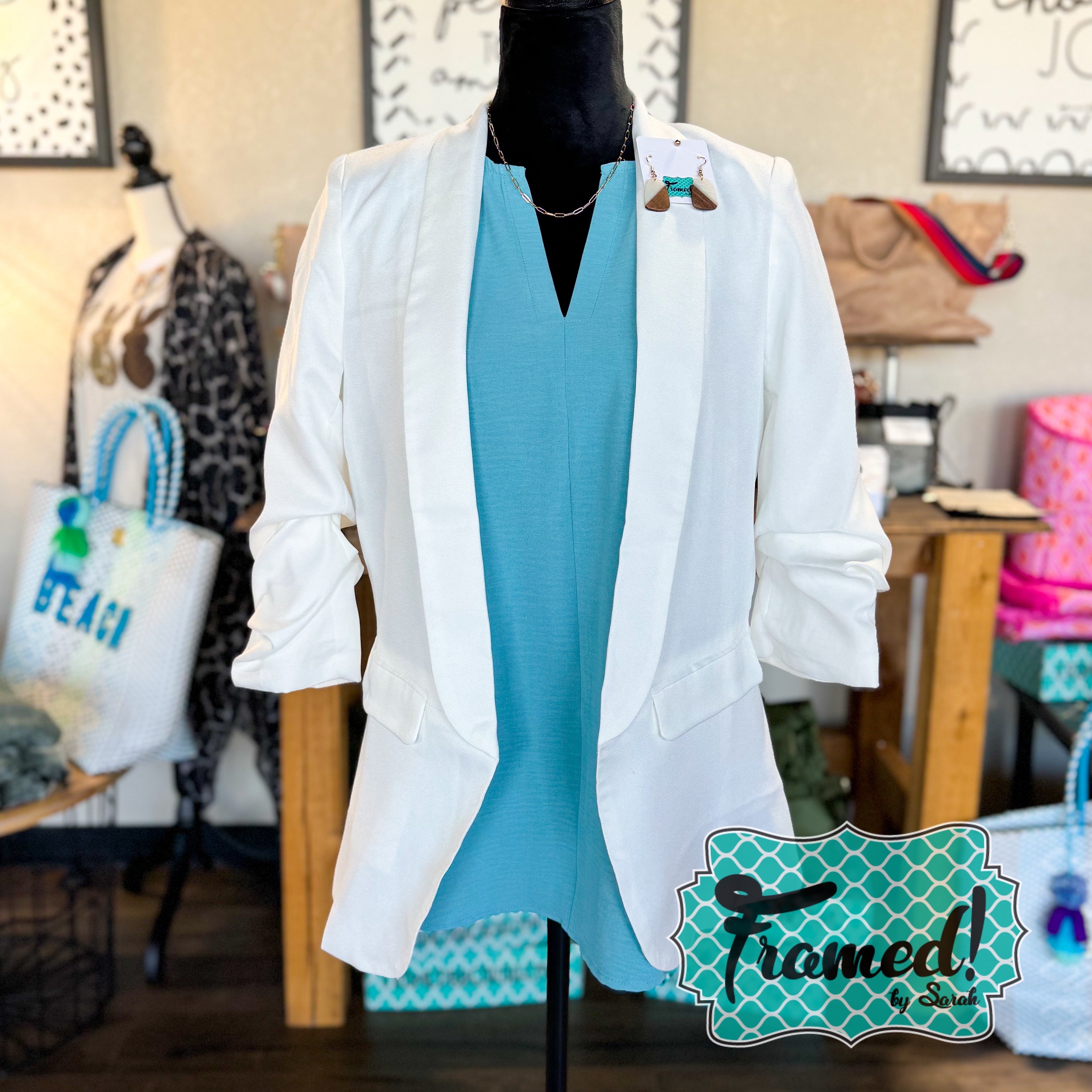 Off-White Collared Blazer with Ruched Sleeves