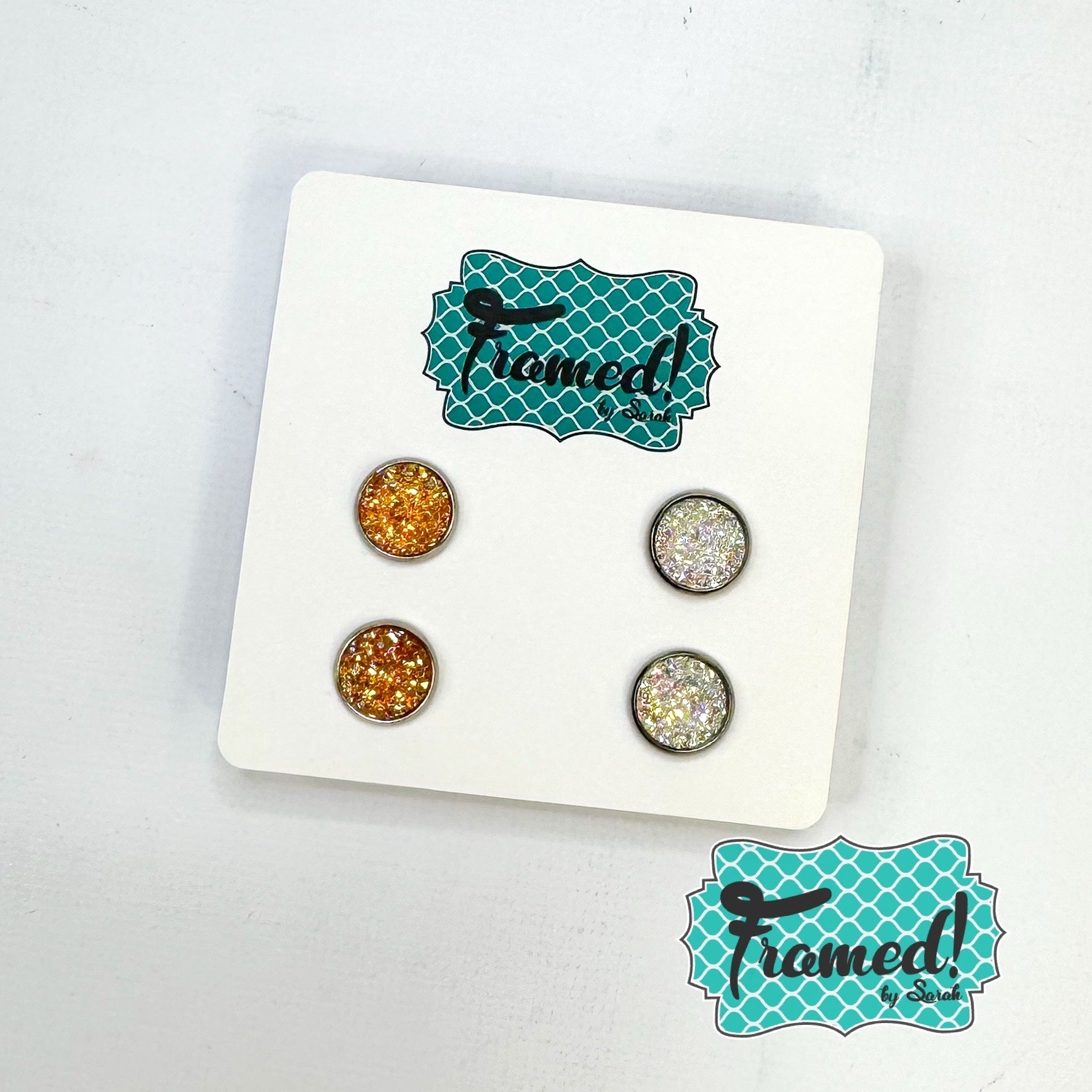 Set of 2 Orange & Crystal Glitter Stud Earrings