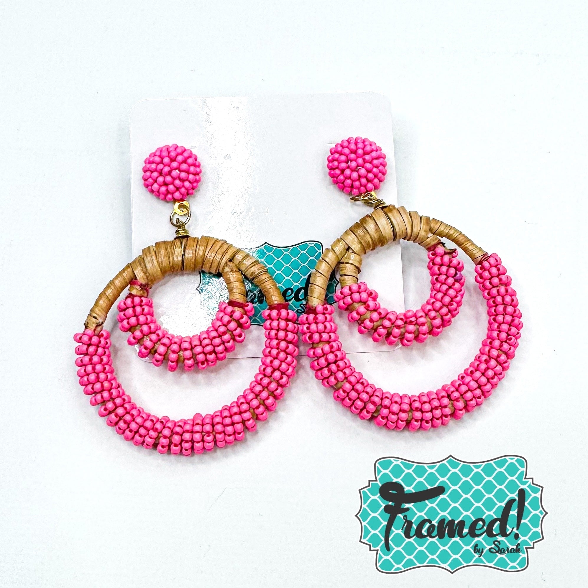 Pink Bead and Wooden Hoop Earrings