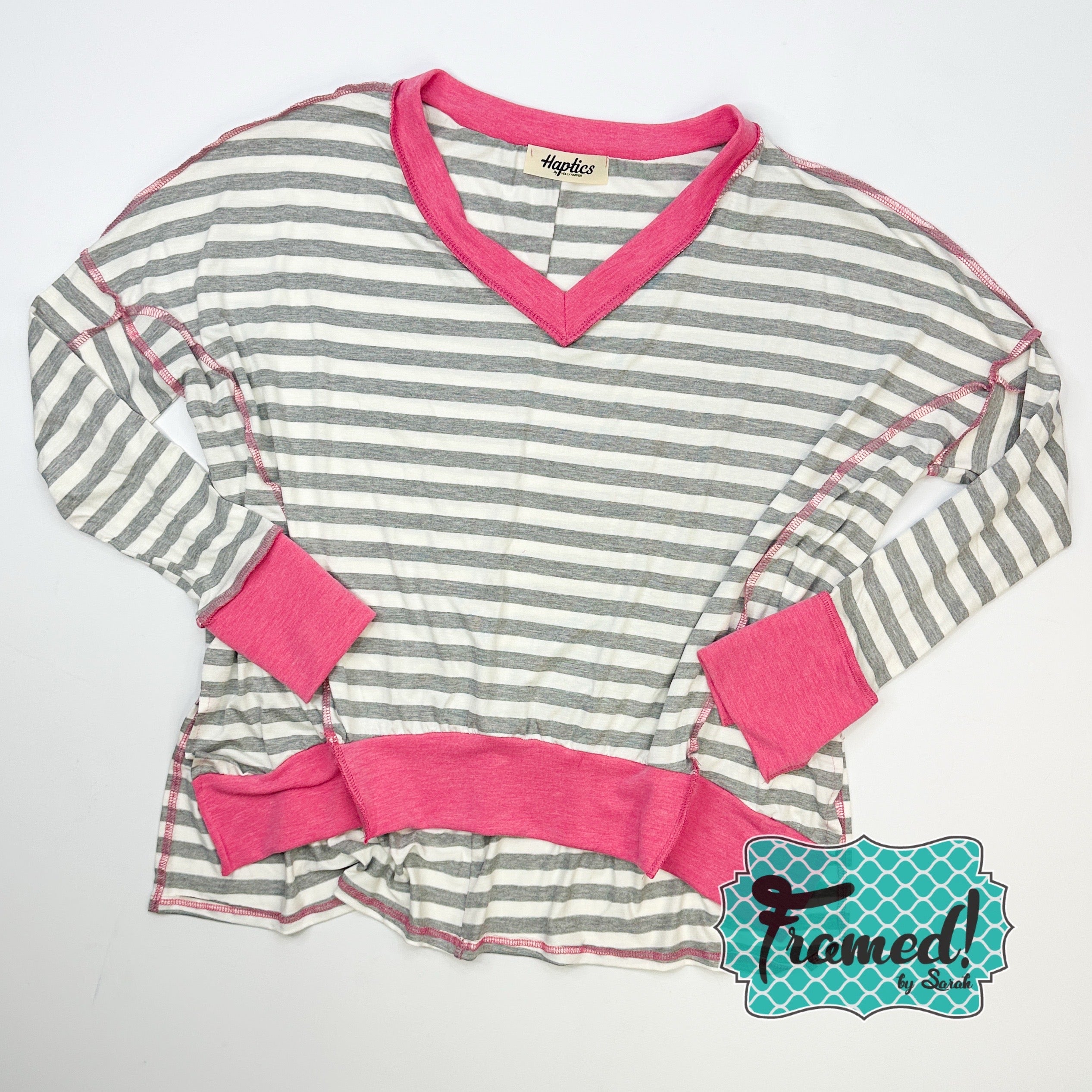 Pink Gray & White Striped VNeck Top