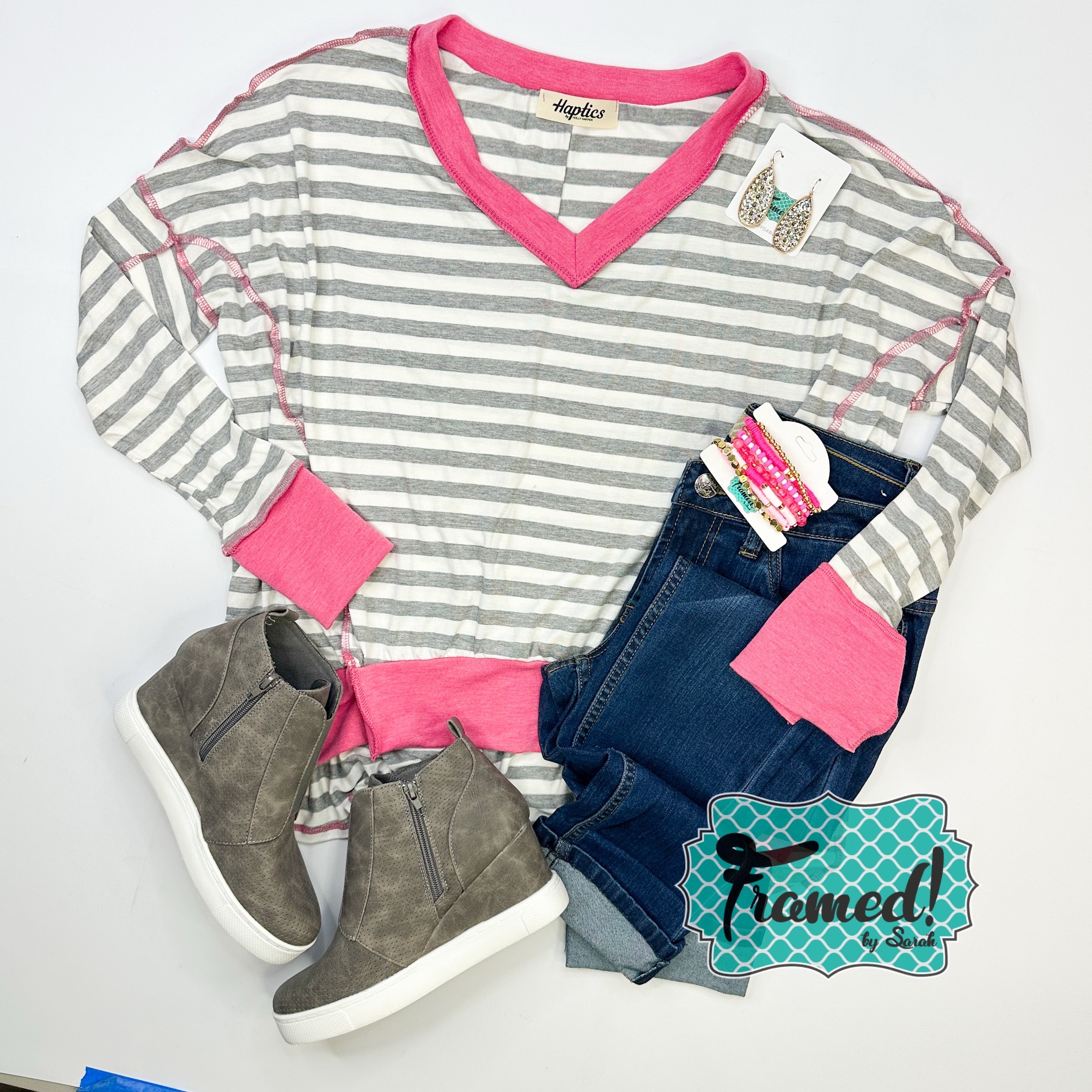 Pink Gray & White Striped VNeck Top