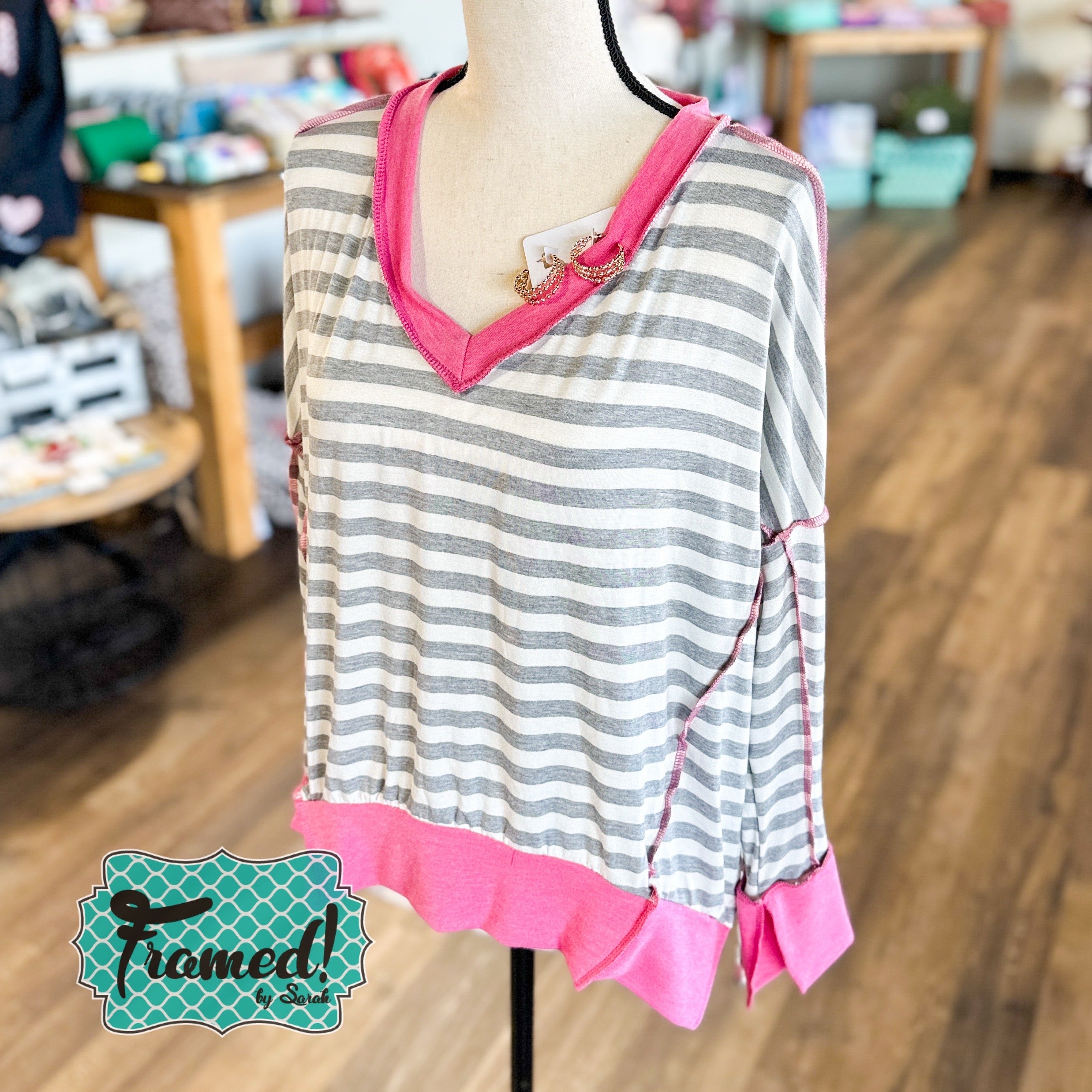 Pink Gray & White Striped VNeck Top