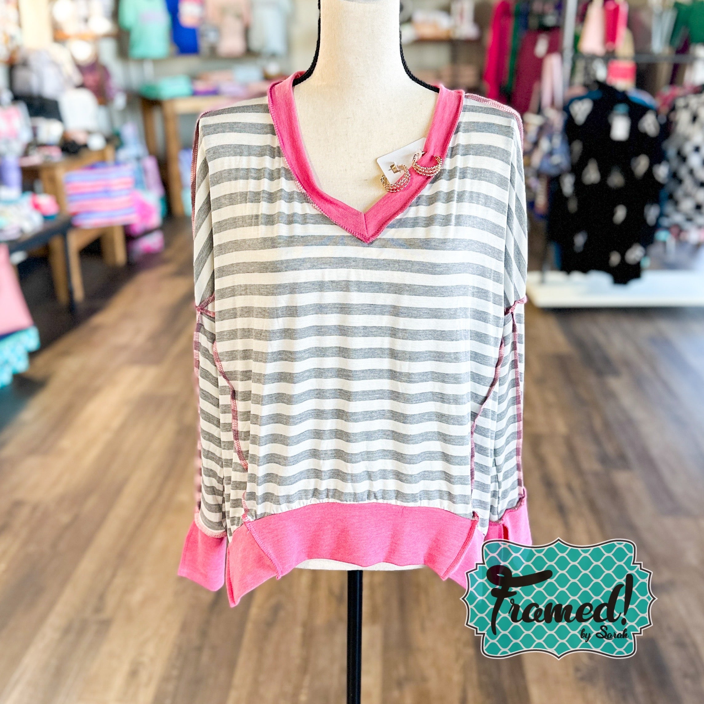 Pink Gray & White Striped VNeck Top