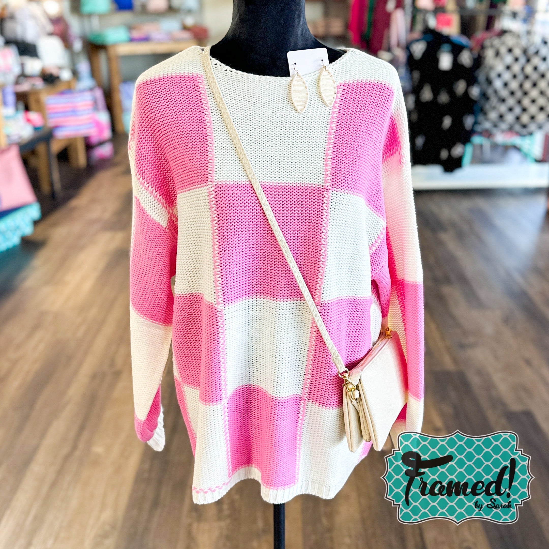 Pink & Ivory Checkered Sweater (Sm, 1X, 3X Only)