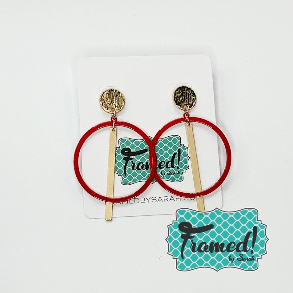 Red Circle with Gold Bar Earrings