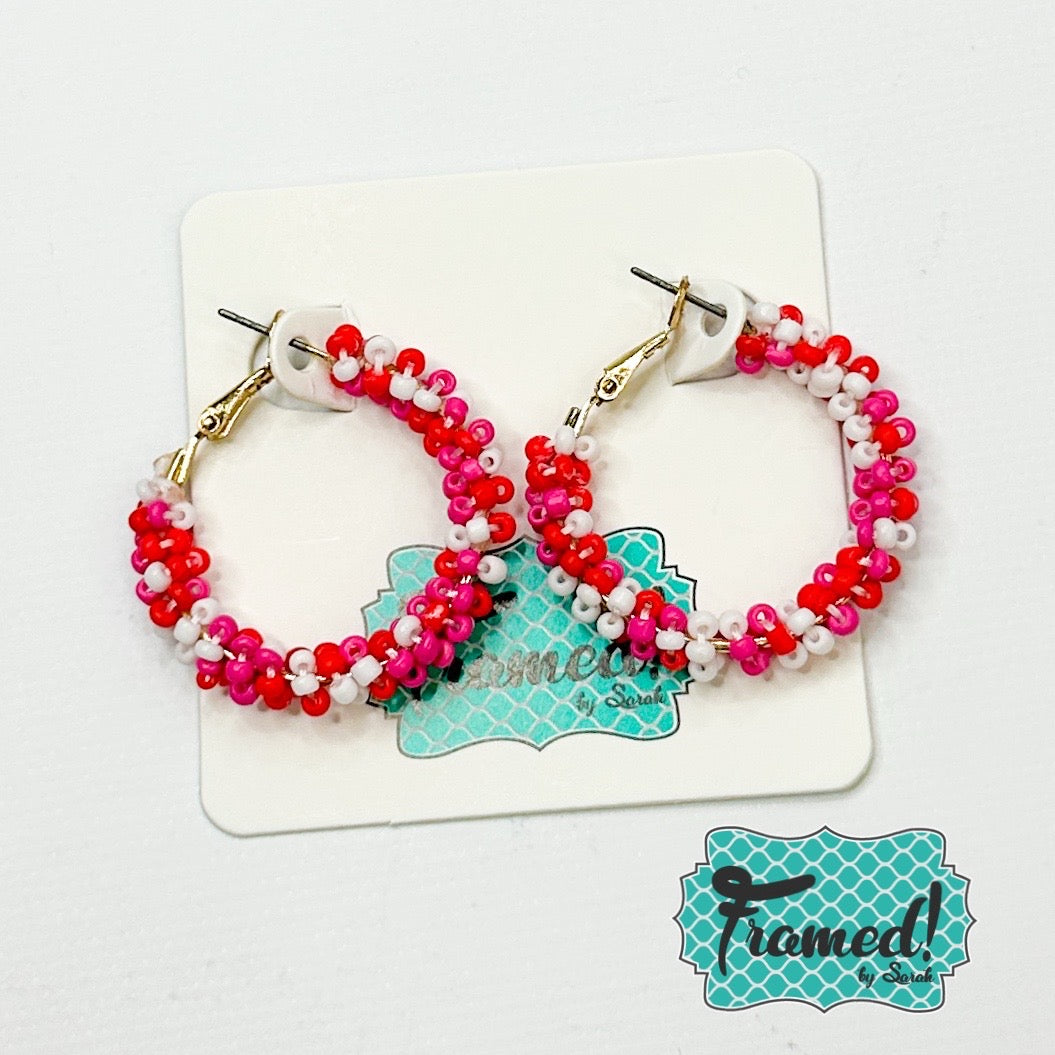 Red Pink & White Beaded Hoop Earrings